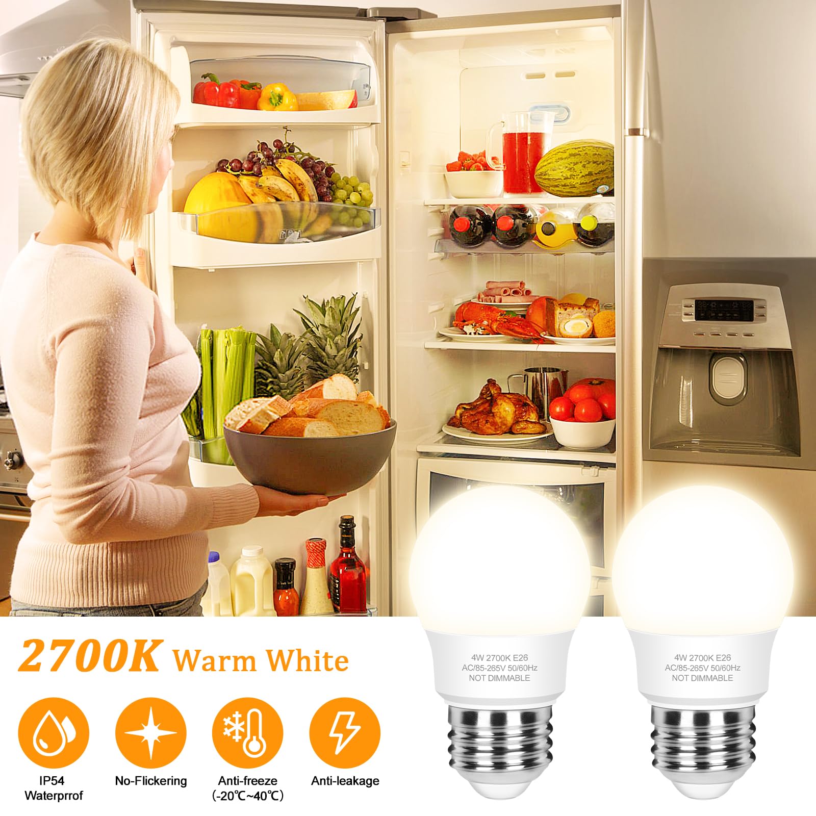 Brightever Led Refrigerator Light Bulbs 40 Watt Equivalent, 120V Fridge Appliance Light Bulbs 4W 2700K Warm White, Waterproof A15 Fridge Light Bulb 450Lm, E26 Freezer Light Bulb Non-Dimmable, 2 Packs