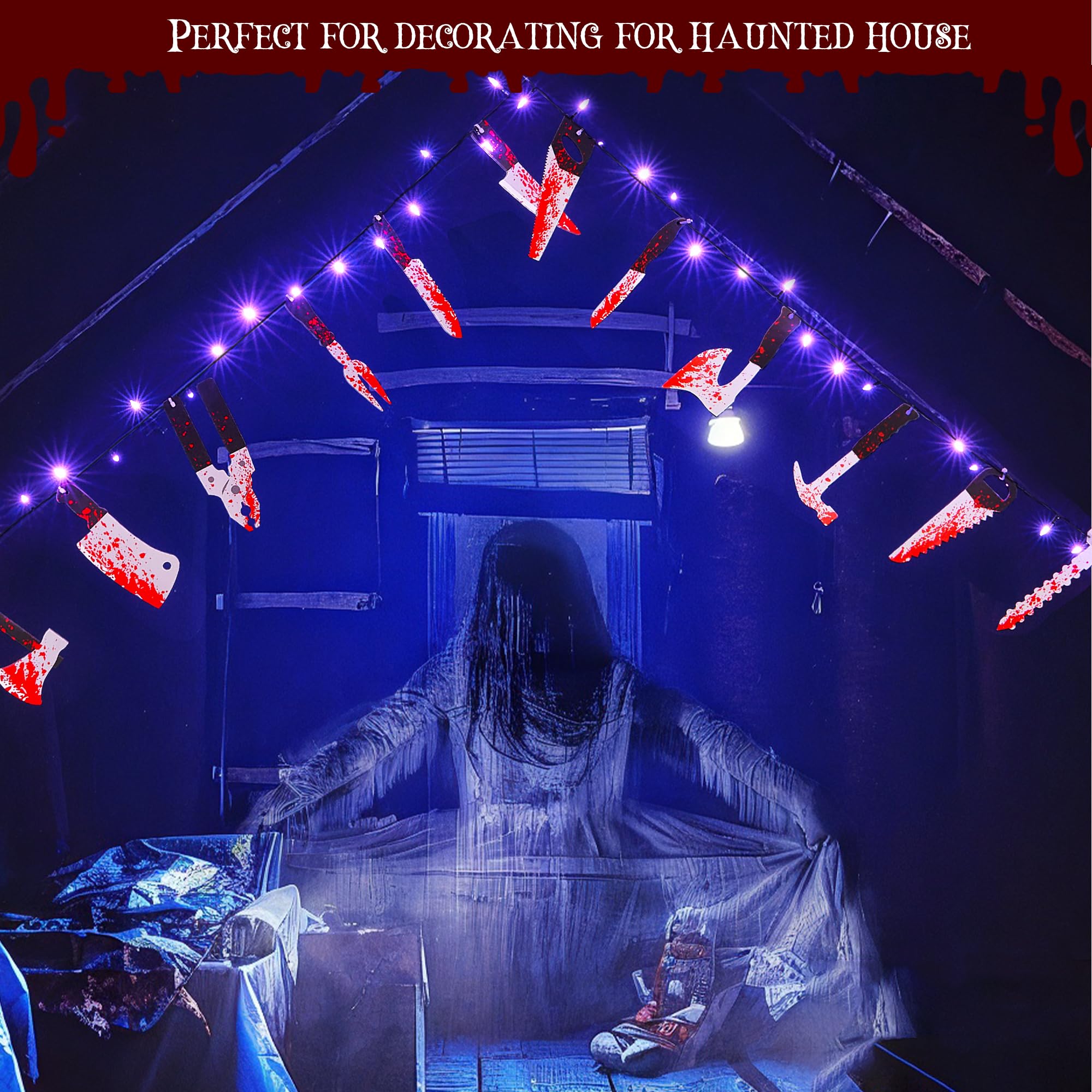 Blctec Scary Halloween Decorations Props, 12 Ft Halloween String Lights With 16 Fake Bloody Knives & 50 Led Purple Big Bulbs, 8 Modes Battery Operated Bloody Party Supplies For Halloween House Décor