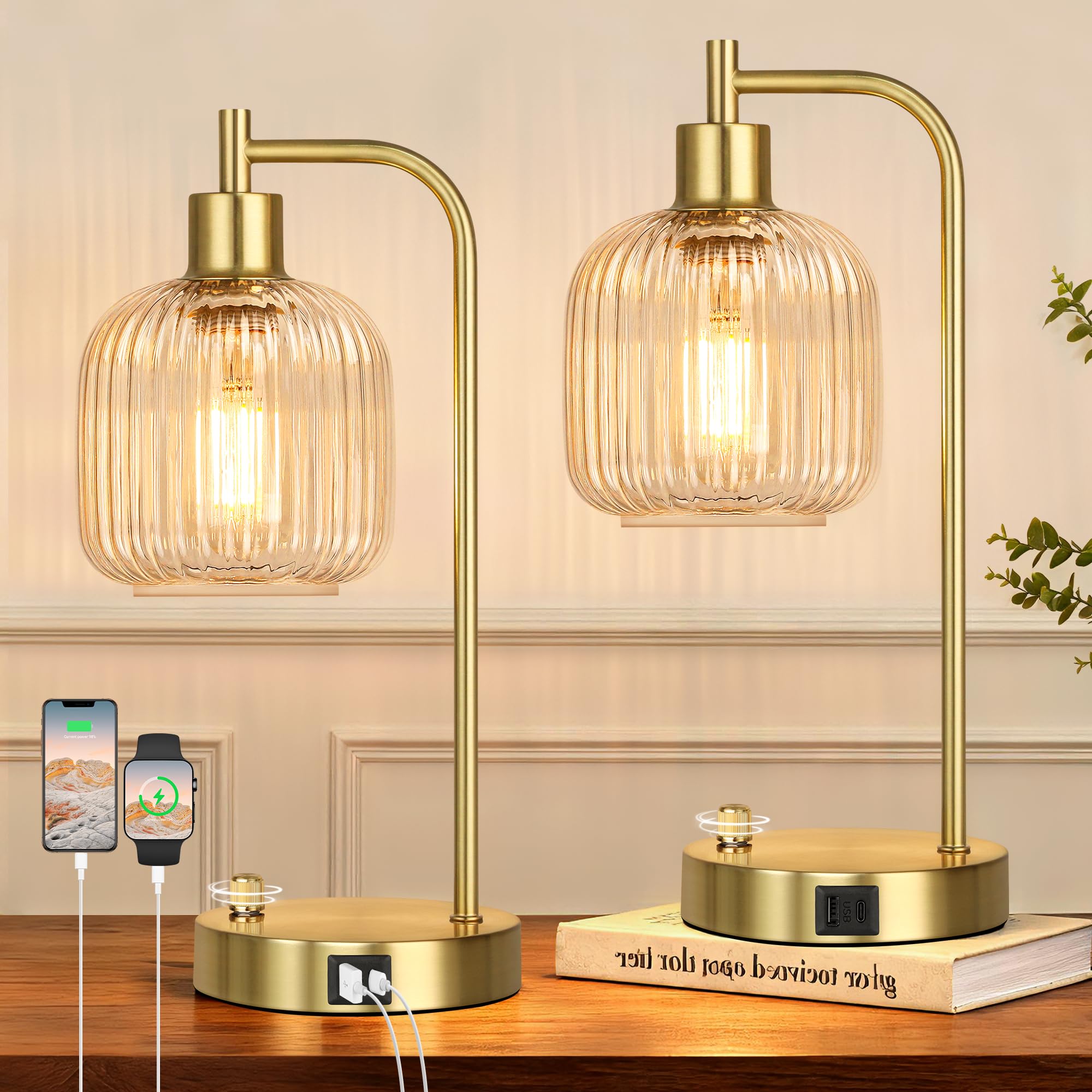 QiMH Industrial Table Lamp for Bedroom Set of 2  Clear Glass Beside Lamp with USB A&C Ports  Stepless Dimmable Gold Lamps  Nightstand Lamps for Living Room  Office  Home Decor(Bulb Included)