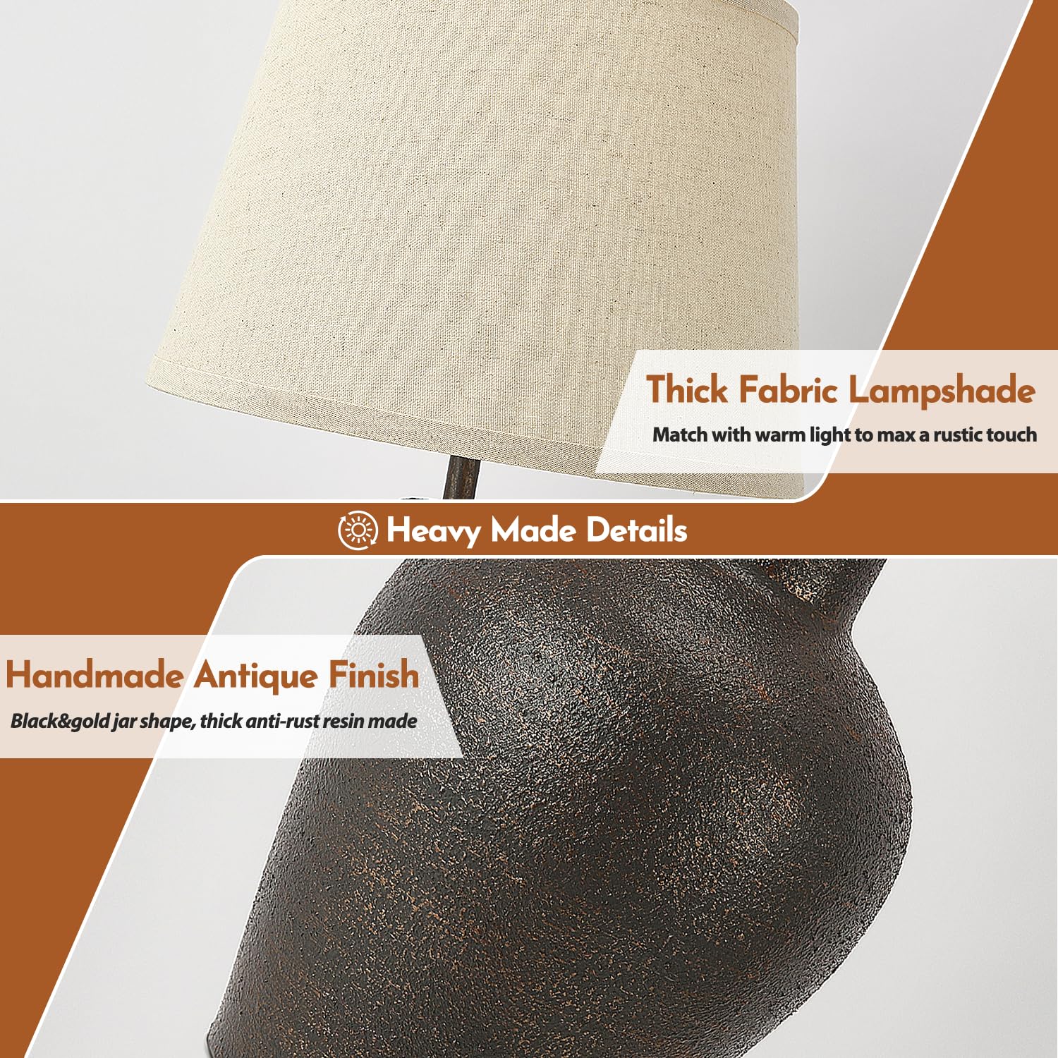 BrightWe Farmhouse Rustic Table Lamps Set of 2, 21” Tall Dark Brown Terracotta, Metal Nightstand Lamps for Bedroom & Living Room Decor