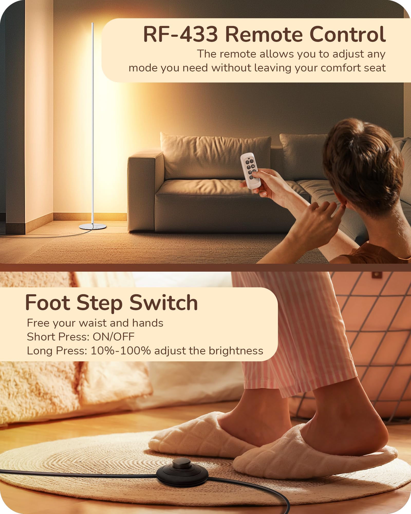 Edishine Led Corner Floor Lamp, Minimalist Dimmable Light With Remote, Standing 57.5 Inches Tall Lamp For Living Room, Bedroom,