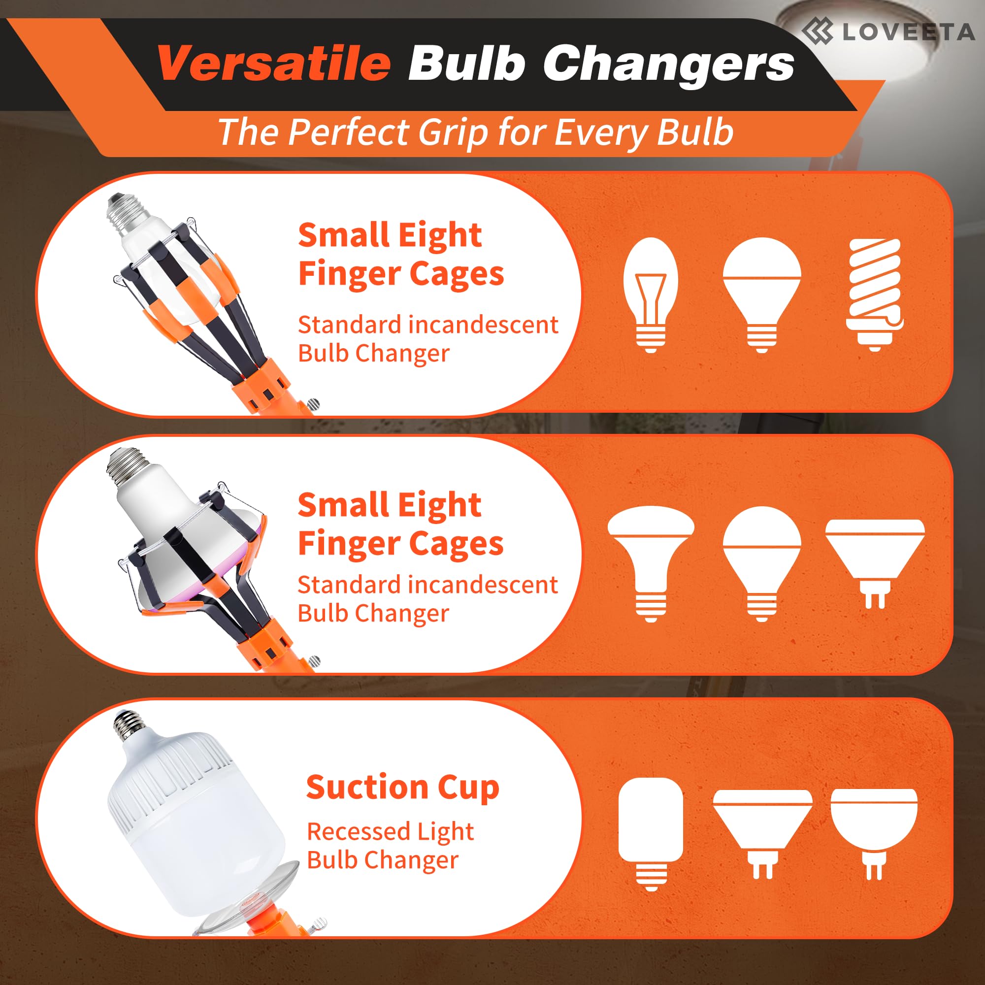 LOVEETA® Light Bulb Changer Pole - 12Ft (18Ft Reach), Aluminum, Champagne Gold, Model LBC2
