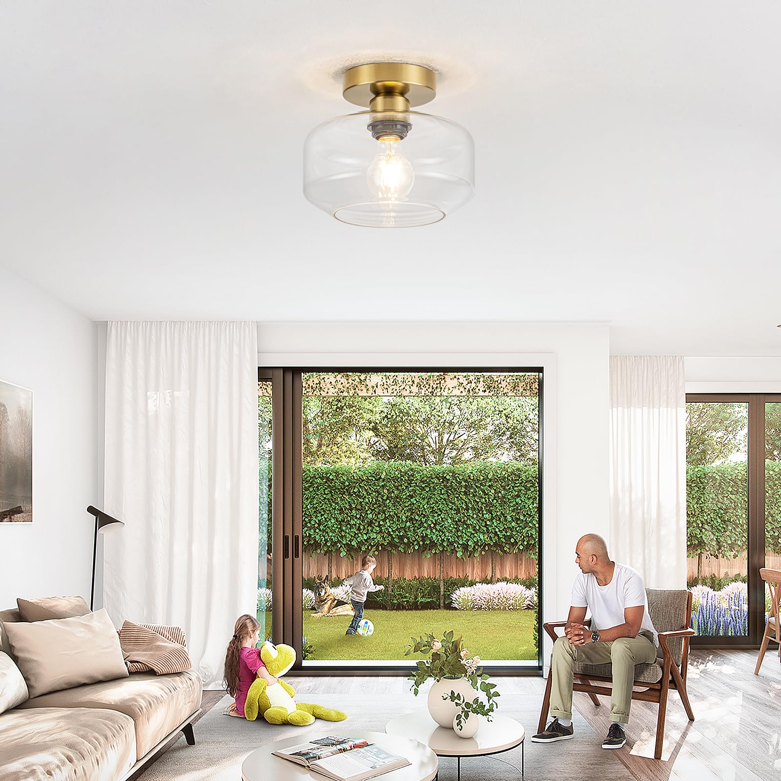 Tbaoinla Simple And Elegant Semi Flush Mount Ceiling Light Clear Glas Brass And Golden Metal Base Includes 900 Lumen Led Light B