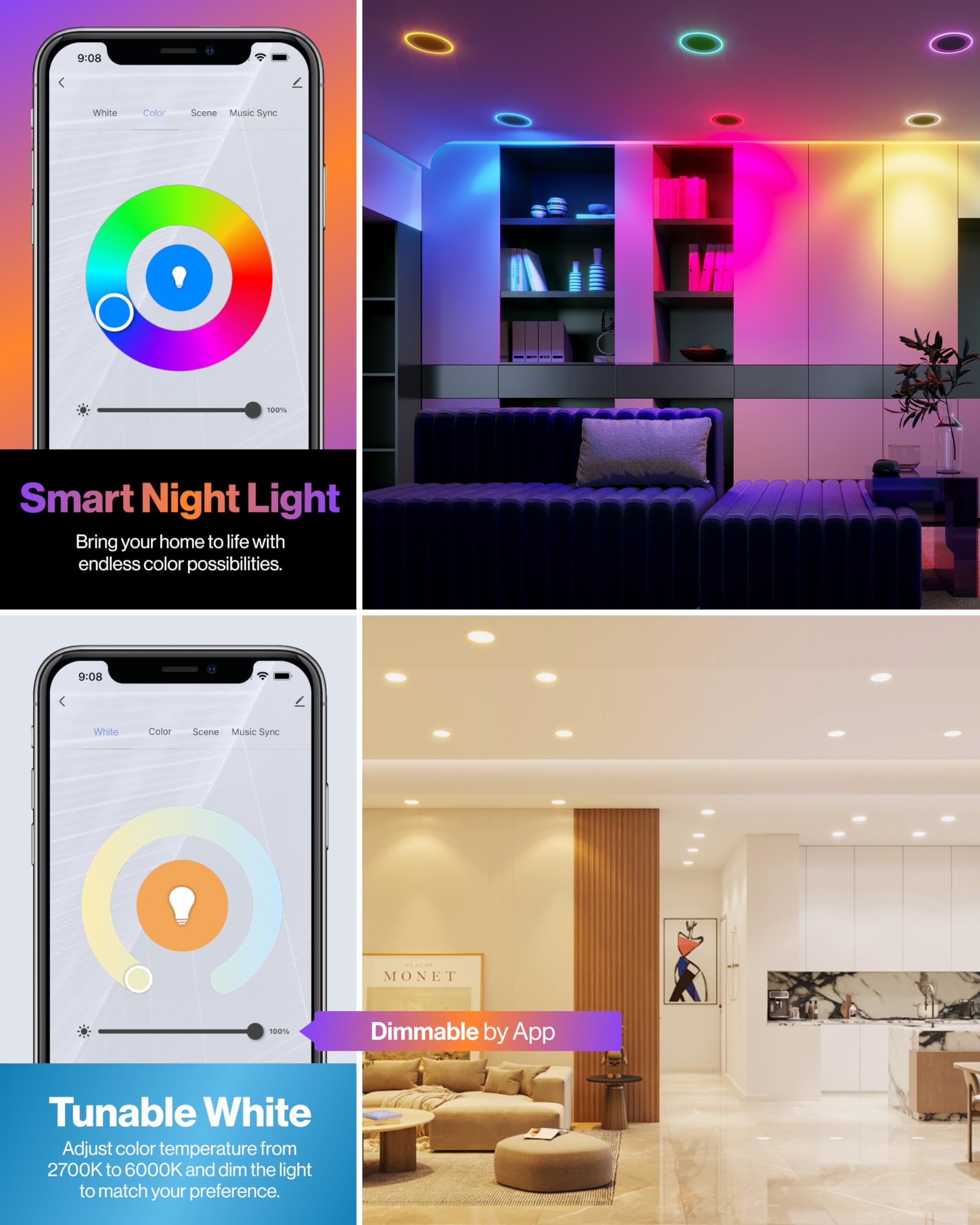 Sunco 6 Pack 6 Inch LED Recessed Ceiling Lights, Dimmable Night Light, Tunable CCT 2700K-6000K, Model DL_SL6_S_NL