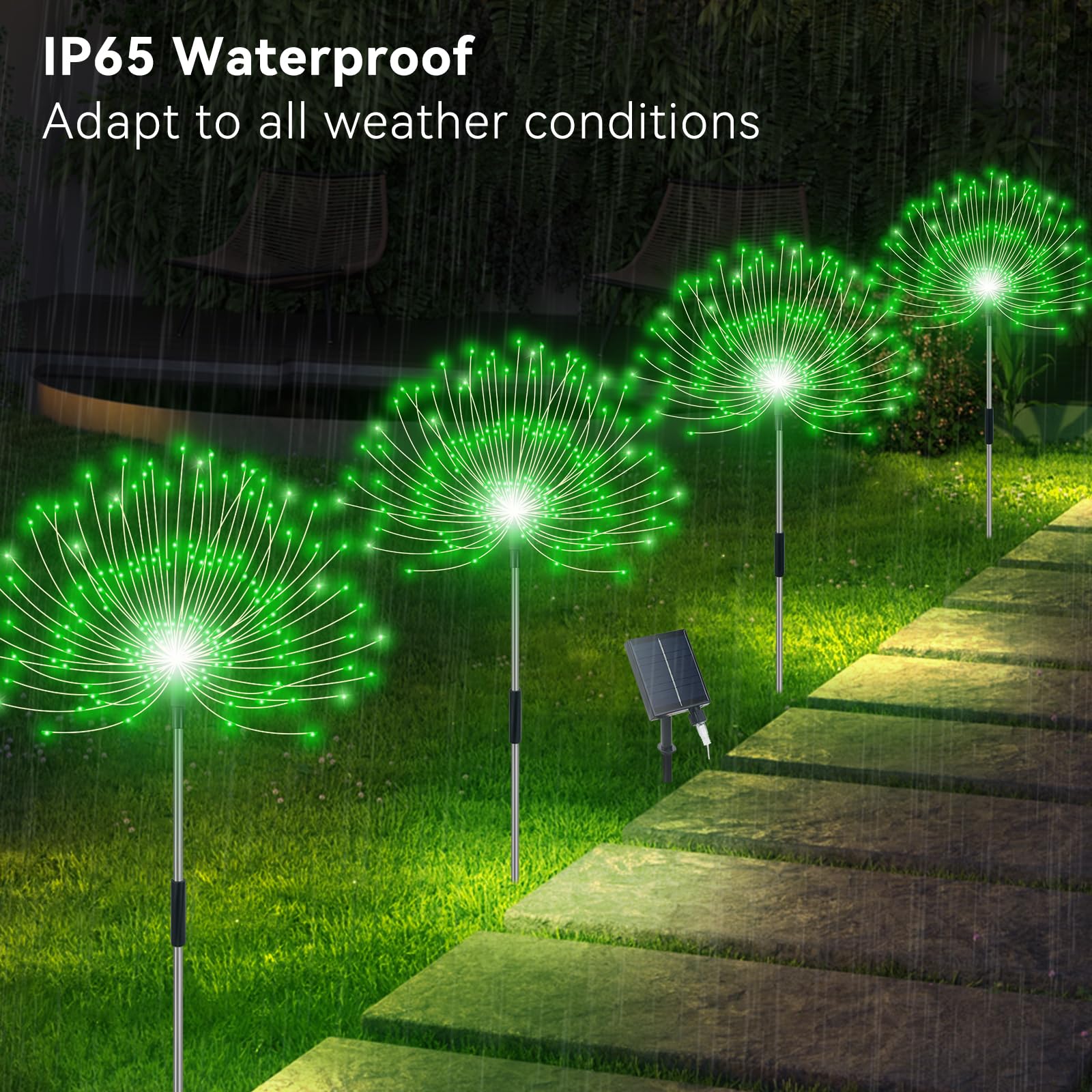 Slyuexu Solar Garden Lights, 480 LED Waterproof Firework Lights, 4 Pack, Green, 8 Lighting Modes, Model YF00016