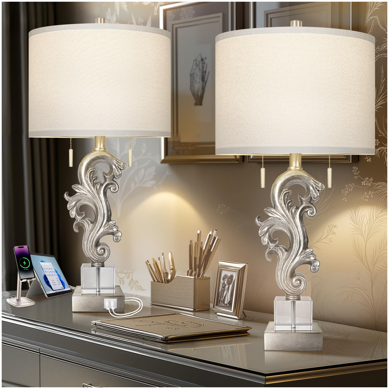 Scenekoy Table Lamp Set of 2 with USB Ports, Pull Chains Switch, 27    Silver Leaf Sculptural Bedside Lamps with Linen Shade for