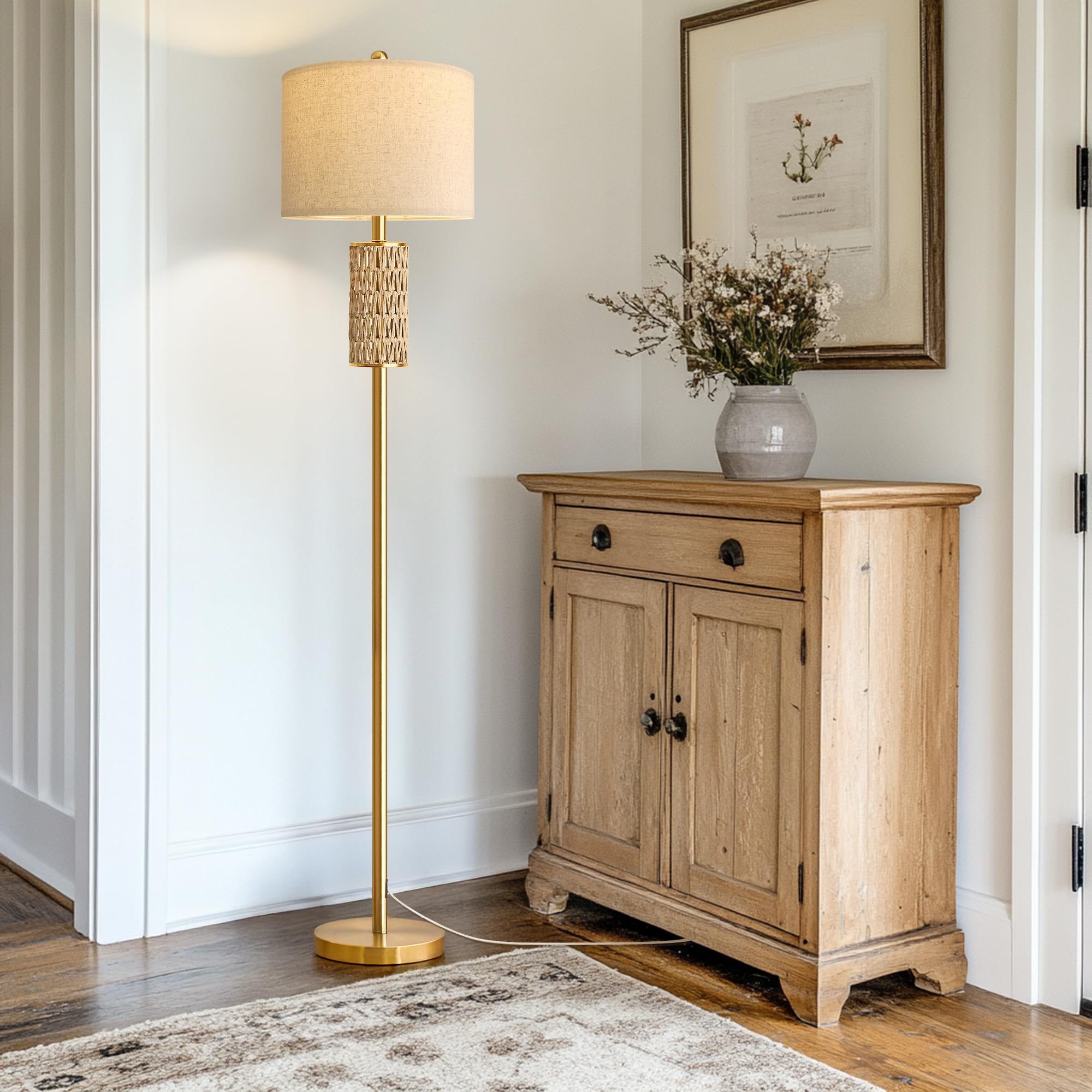 Oneach 62Modern Floor Lamp For Living Room, Gold Boho Standing Lamp With Unique Rattan Design, Rotary Switch, Farmhouse Tall Lam