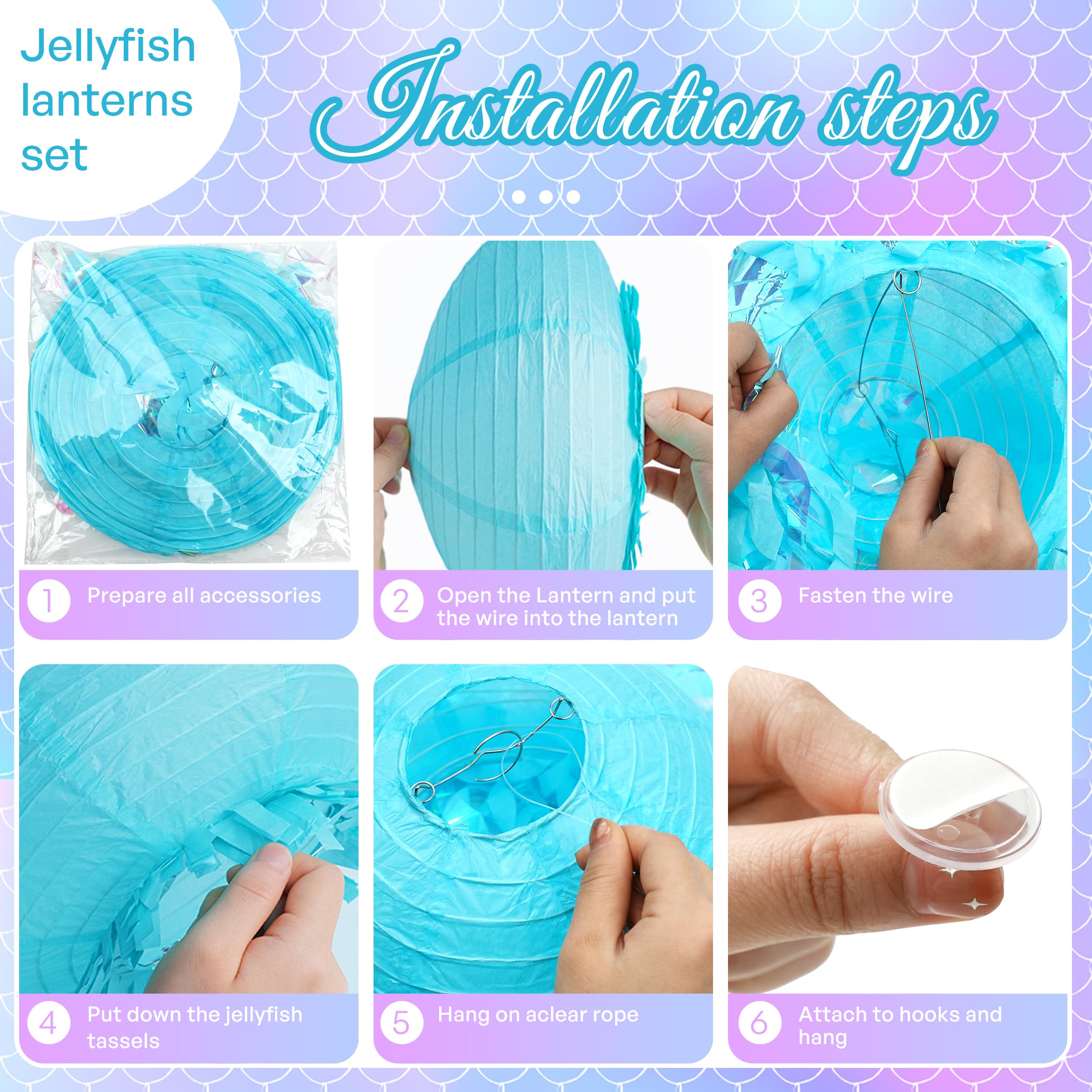 Bisanzoya 8 pcs Jellyfish Paper Lanterns, Metal, Dark Blue + Light Blue + Tiffany Blue, Hanging Decorations for Ocean Birthday Party