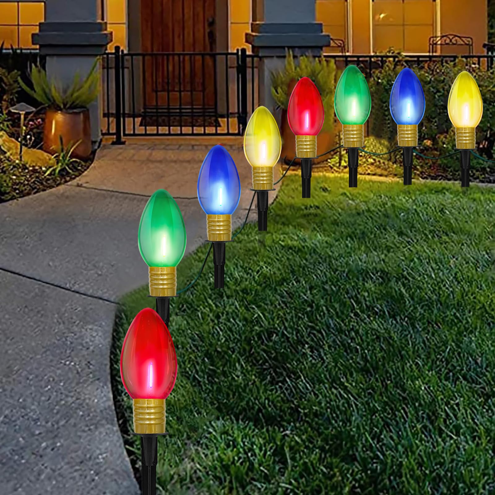 Jumbo C9 Christmas Pathway Lights Outdoor, 2Pk Total 14Ft Outdoor Christmas Decorations with 8 LED Jumbo C9 Clear Multicolor Lig