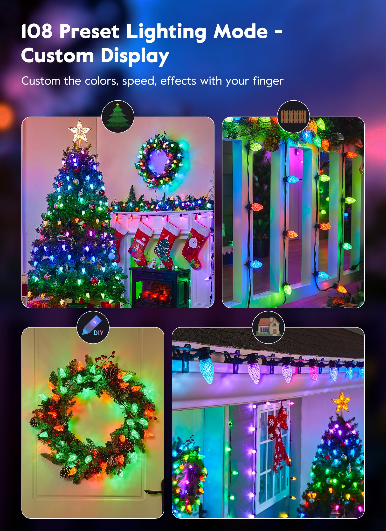 Brightown Smart C9 Christmas Lights Outdoor, 100 LED RGB C9 String Light with Remote, App Control, Music Sync, Connectable Water