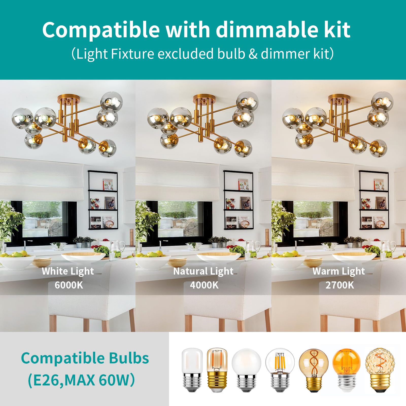 Ceiling Light With Sputnik Glass Globe Chandelier, 8 Lights Kitchen Lighting Fixtures Ceiling Flush Mount For Villa Living Room,