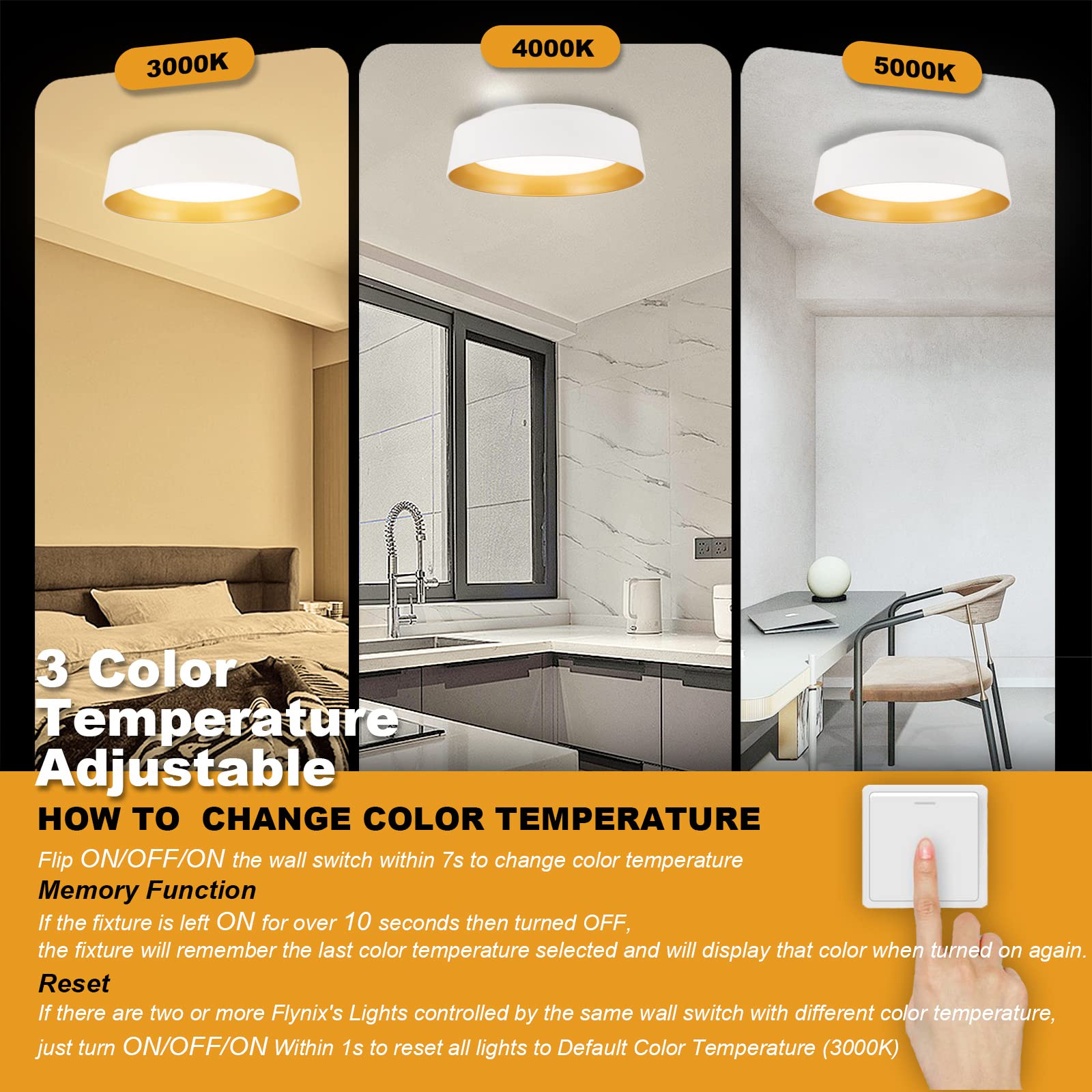 Flynix 12.5 Inch Led Flush Mount Ceiling Light Fixture, 26W, Super Bright 1350 Lumen, 3 Color 3000K/4000K/5000K, Matt White With Gold Inside, Dimmable Ceiling Lamp For Bedroom Hallway Bathroom Outdoor