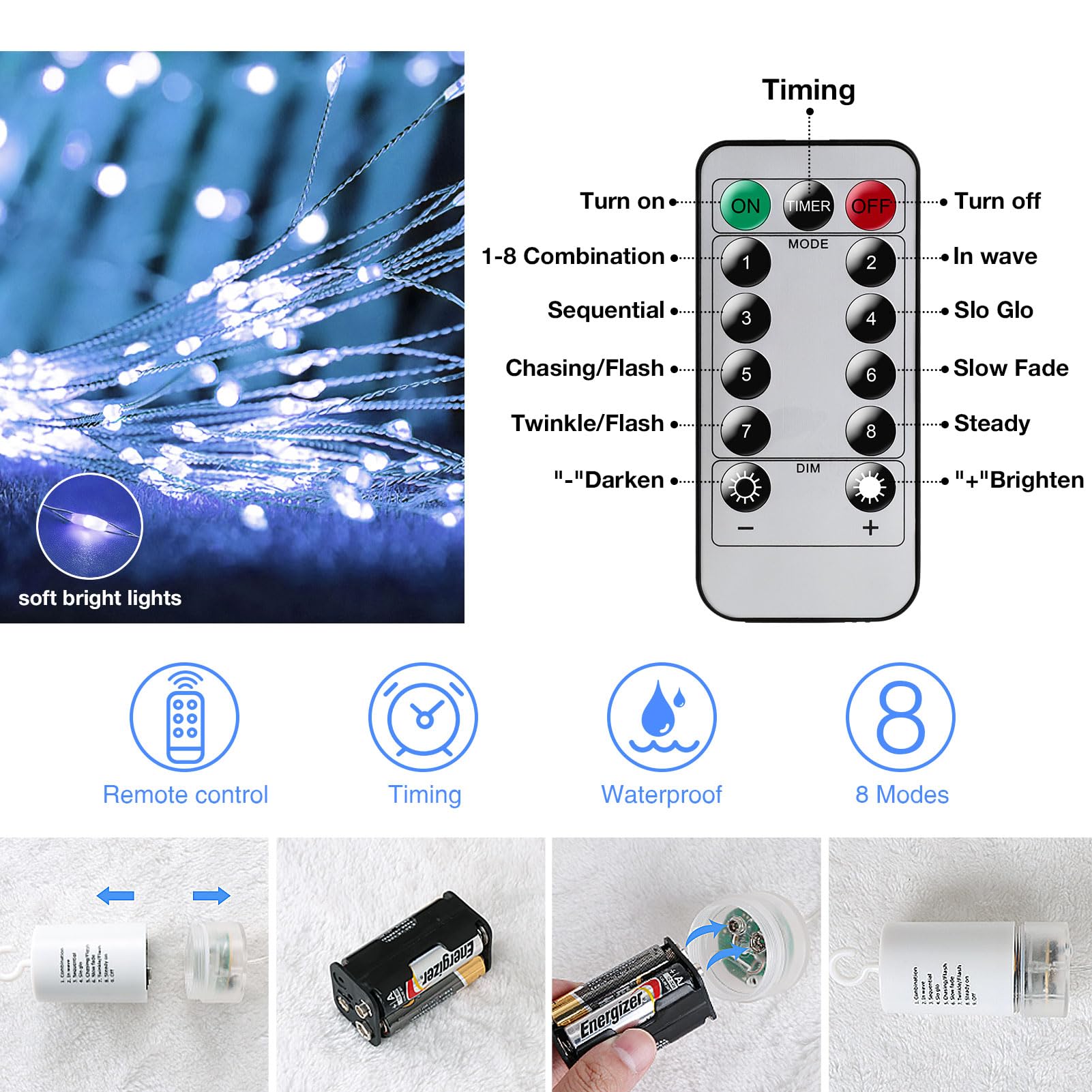 LetsFunny Fairy String Lights, 225 LED, 8 Modes, Dimmable, 4 Pack, Cool White, Copper, Model LH-BOM-YHD225
