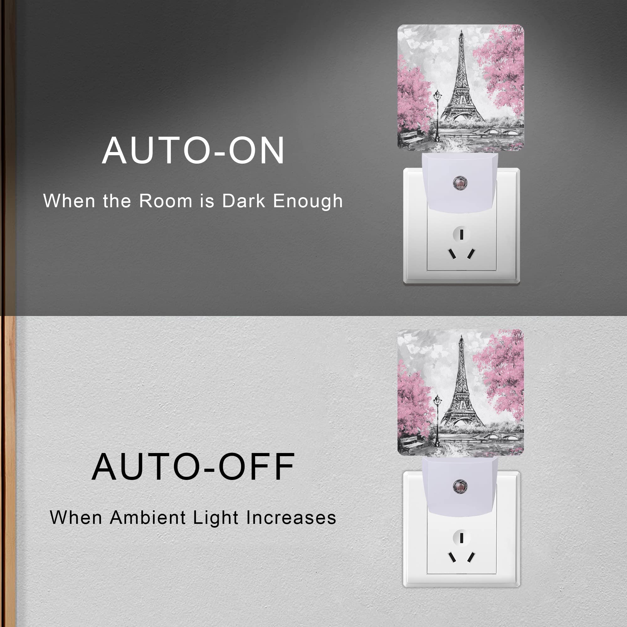 Smoaffly LED Night Light - Eiffel Tower Paris Pink Flower, Auto Sensor, Dusk-to-Dawn, Home Decor for Nursery, Model XD-FXYD-LST04