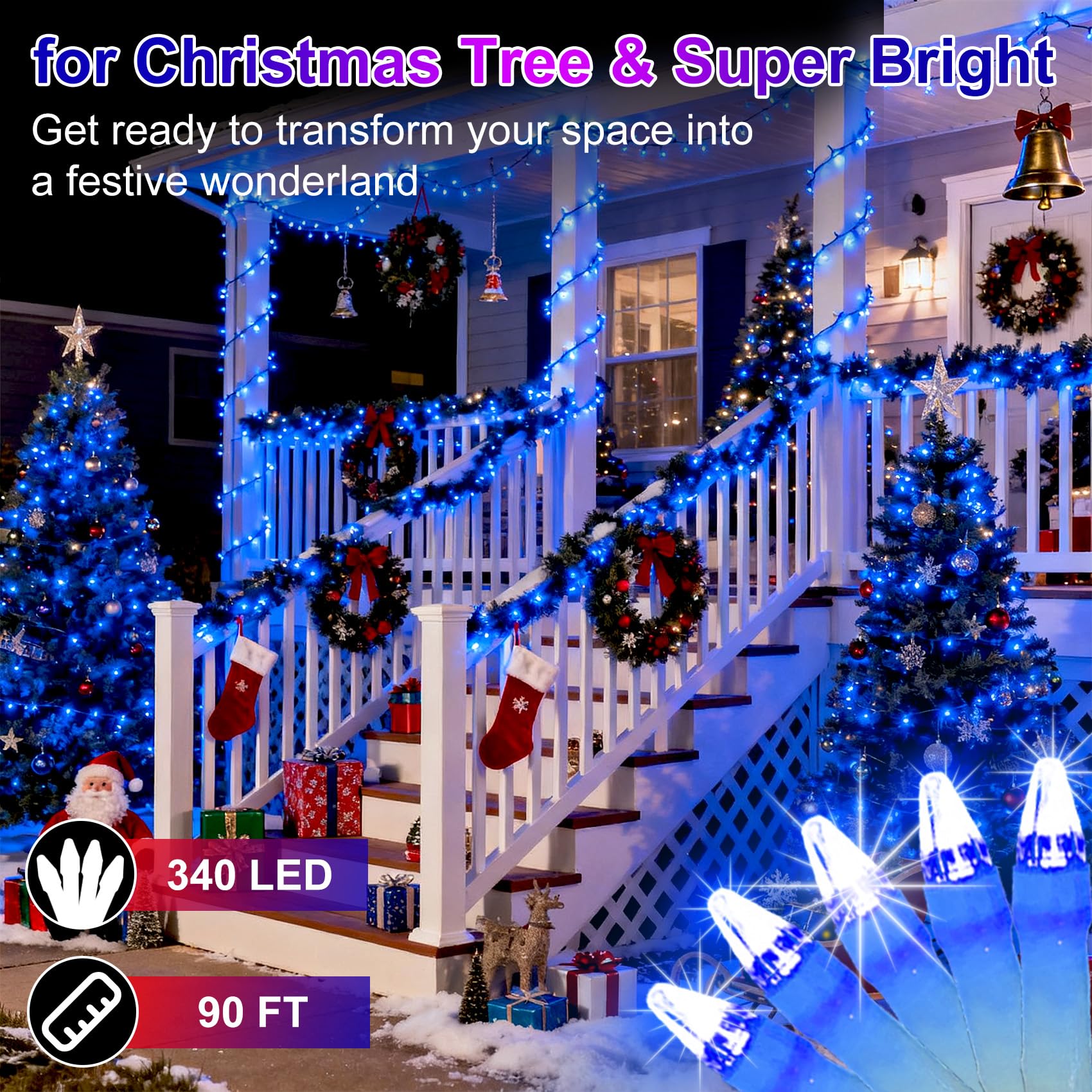 340 Led 90Ft Christmas String Lights Outdoor  12 Pro Modes And Timer Memory & Brightness  Plug In Outdoor Waterproof Clear Wire Twinkle Light For For Xmas Yard Tree Wedding Party Decor (Blue)