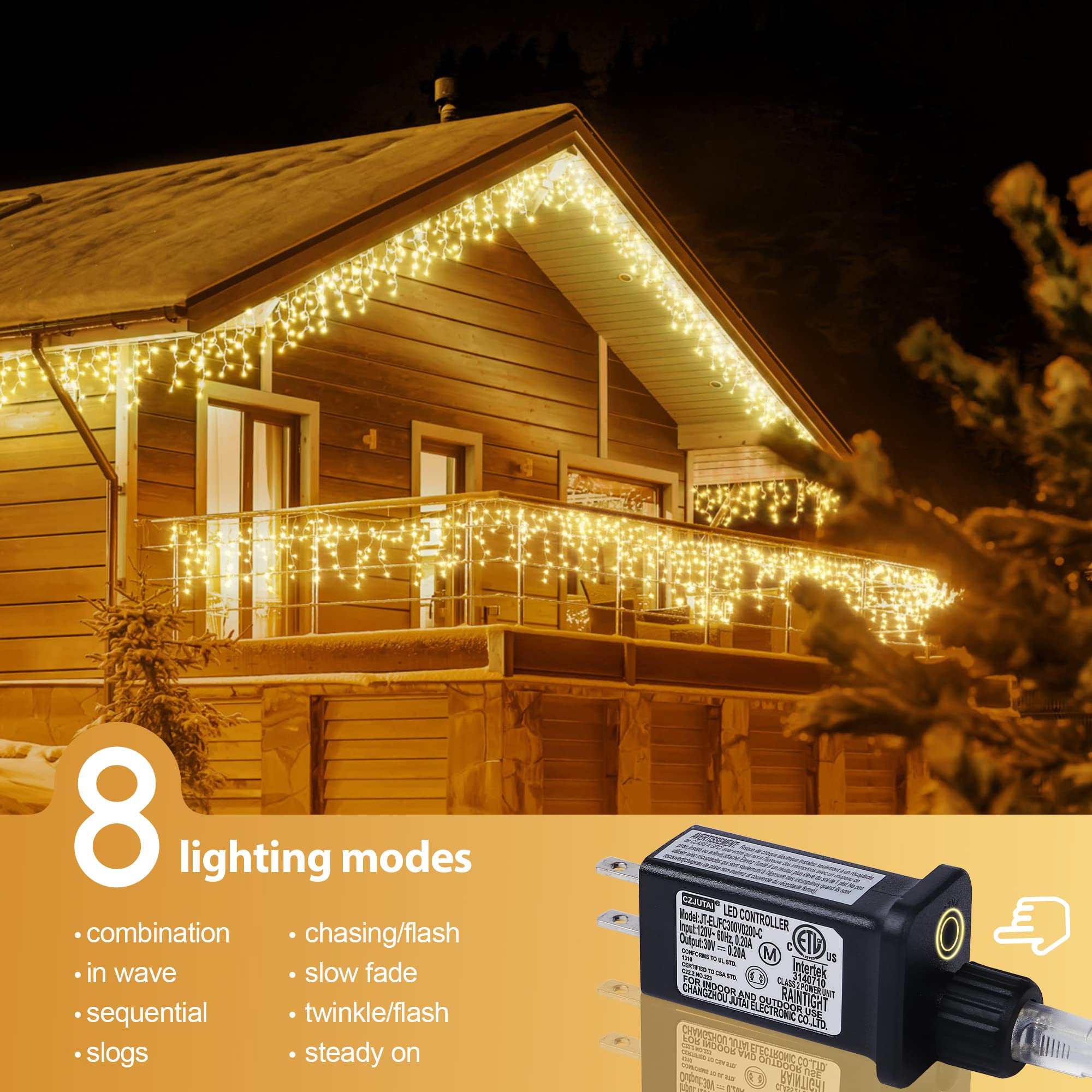 Qunlight 300L Led Icicle Lights, Warm White Window Curtain Lights,8 Modes With 30V Plug In For Wedding, Party, Bedroom, Home, Garden, Outdoor, Indoor Wall,Christmas Decorations,Connectable(Warm White)