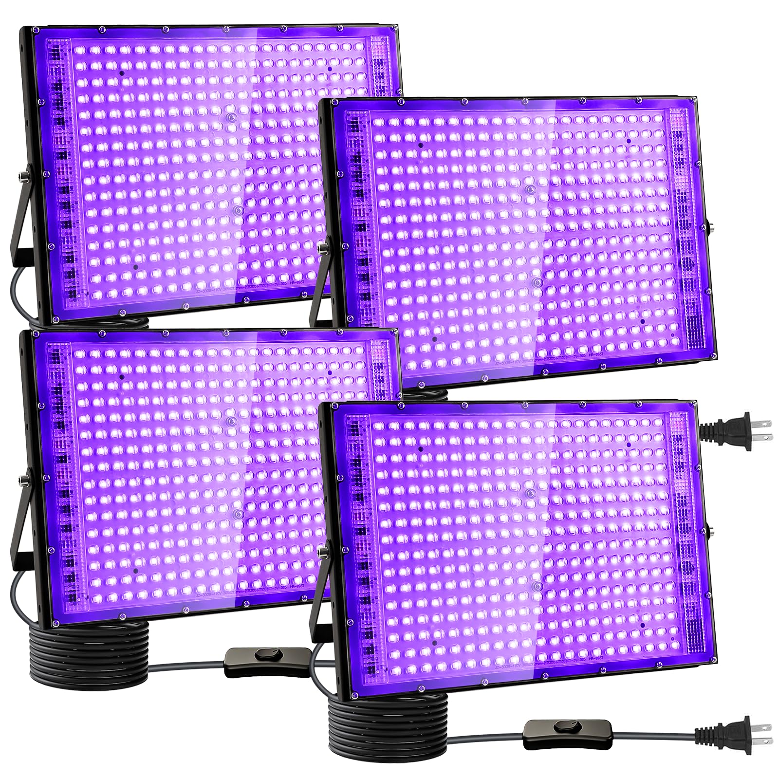 4 Pack 300W Black Lights  Blacklight Flood Light with Plug and Switch for Glow Party  Black Light Party  Halloween  Body Discomfortt  Neon Glow  Stage Lighting  Fluorescent Poster