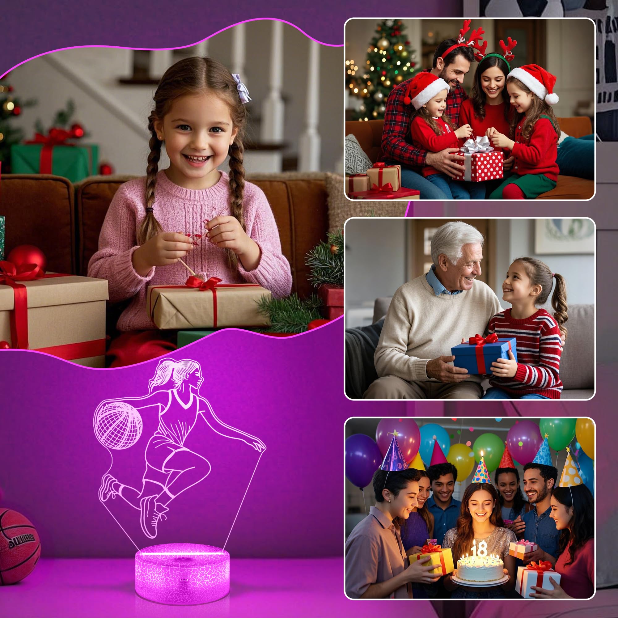 OkiyiD Basketball Gifts for Girls, Light Up Basketball Night Light 3D Illusion Lamp with 16 Colors Remote Control, Basket ball A