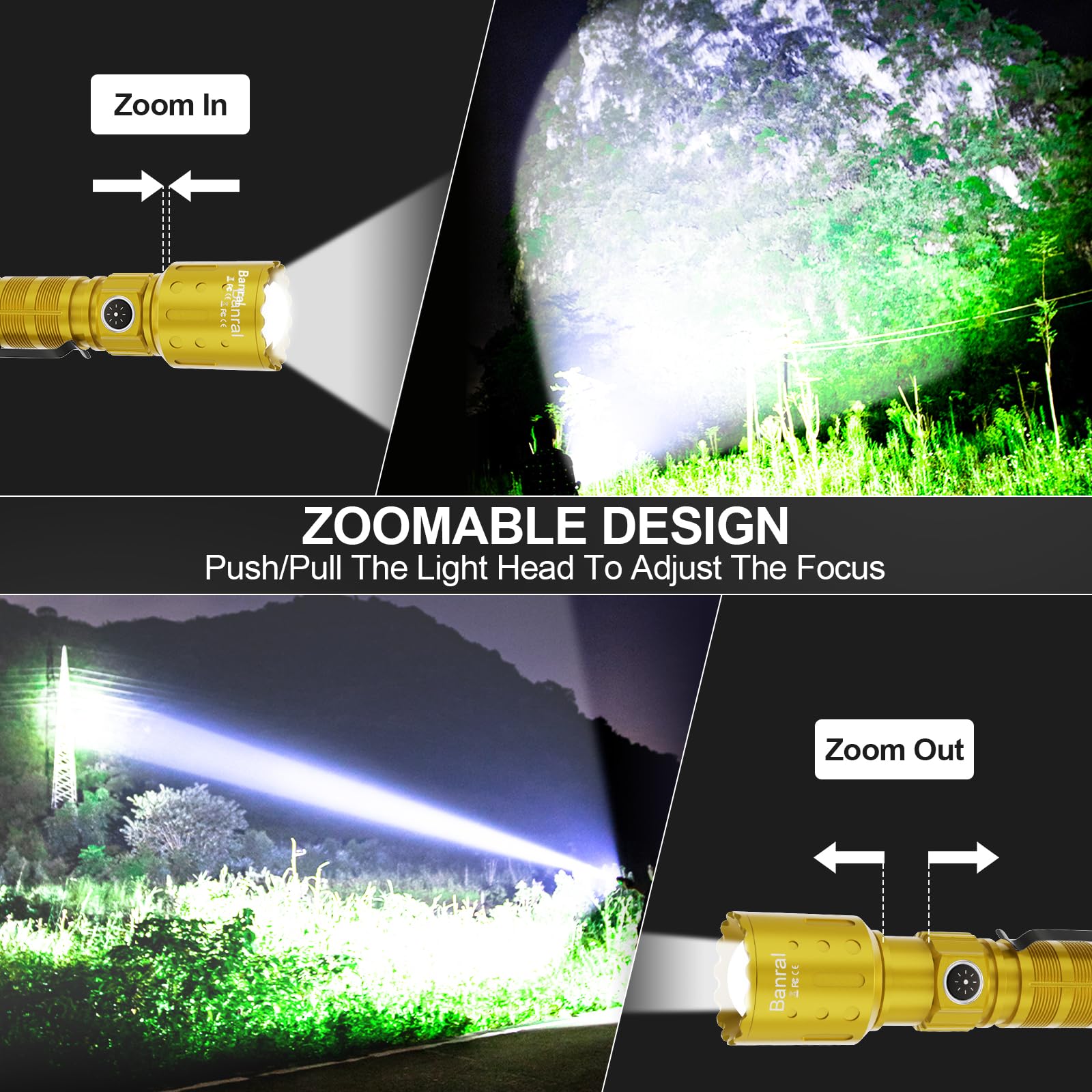 Banral High Lumens Rechargeable Flashlight, 1500m Range, 6 Modes, Waterproof, Aluminum, Yellow Gold, Model K-2316-B