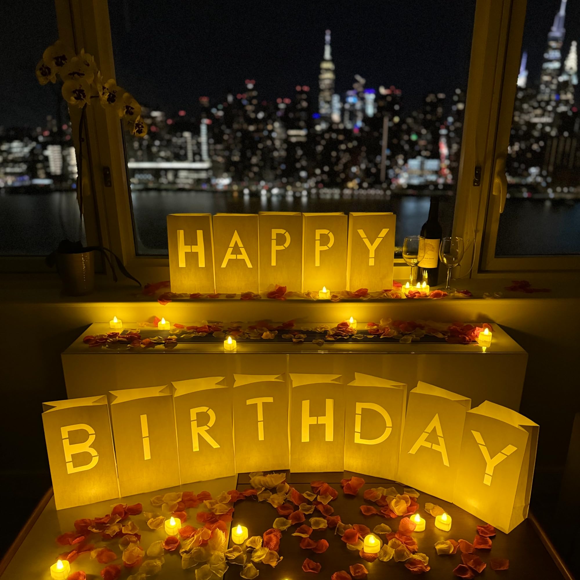 Wymm Happy Birthday Decorations For Women & Men - Surprise Set With Light Up Letters  30 Tea Light Candles  2000 Red & Pink Rose Petals - Luminary Bags To Create A Beautiful Happy Birthday Banner Sign