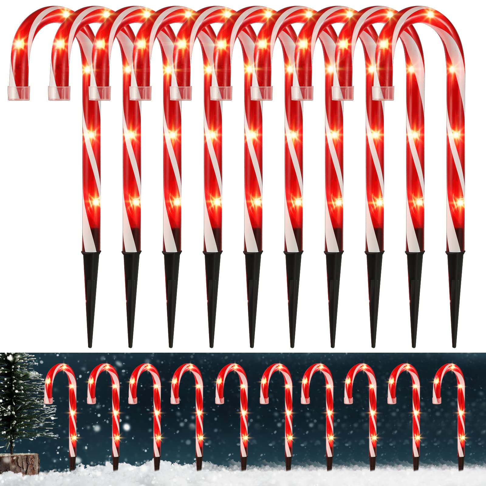 Christmas Candy Cane Pathway Markers Lights, Candy Canes Lights Outdoor, 10 inch Set of 10 Pack Christmas Candy Cane Lights Deco