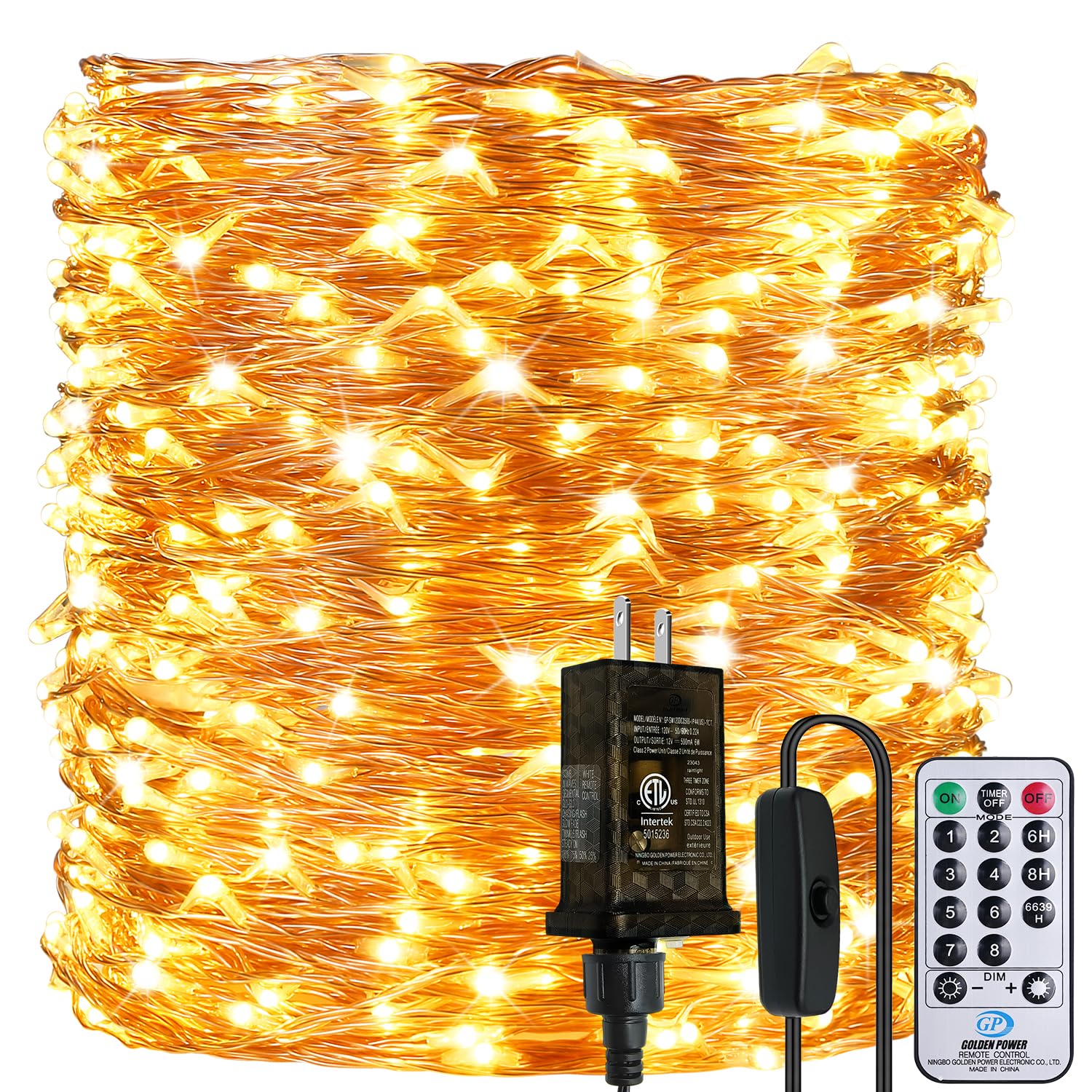 ZAECANY String Lights, 165Ft Copper, 500 LEDs, Warm White, Waterproof, Dimmable, 8 Modes, with Remote, Model ZAE-DC-500L