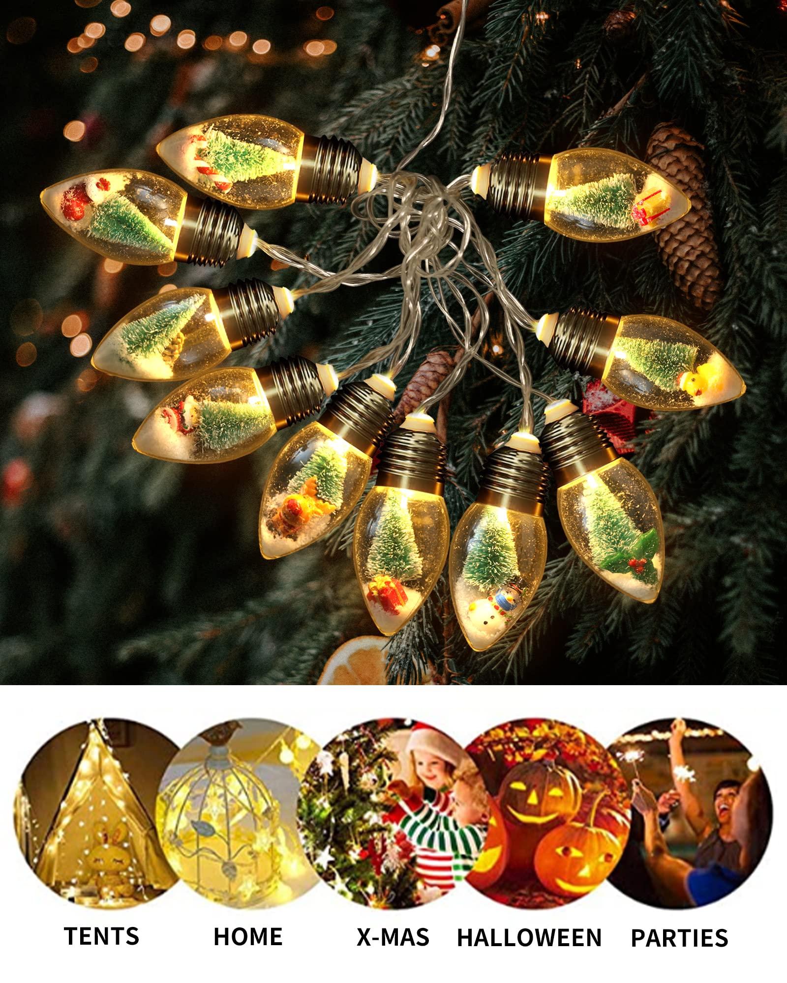 JUSTOTRY 2PC 6.6ft Christmas Lights for Indoor Bedroom Decorations - 10 LED Globe Bulbs String Light with Tree & Snow & Cute Orn
