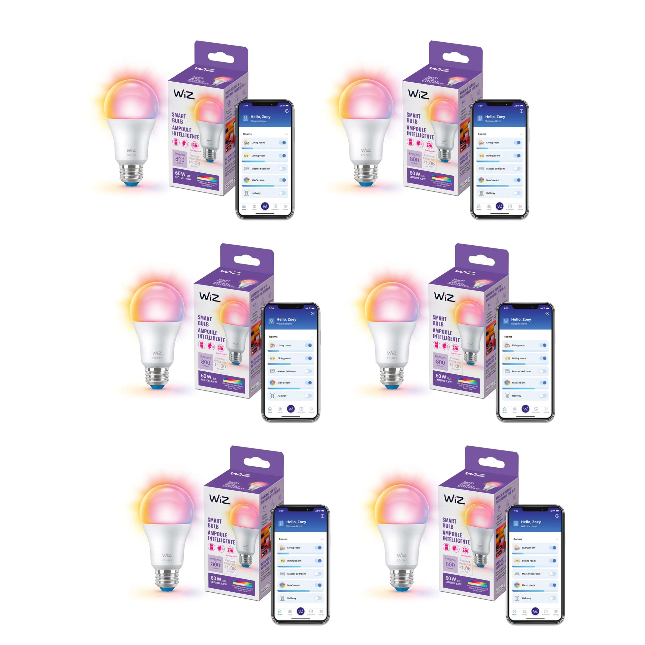 Wiz 60W A19 Color Led Smart Bulb - Pack Of 6 - E26- Indoor - Connects To Your Existing Wi-Fi - Control With Voice Or App + Activ
