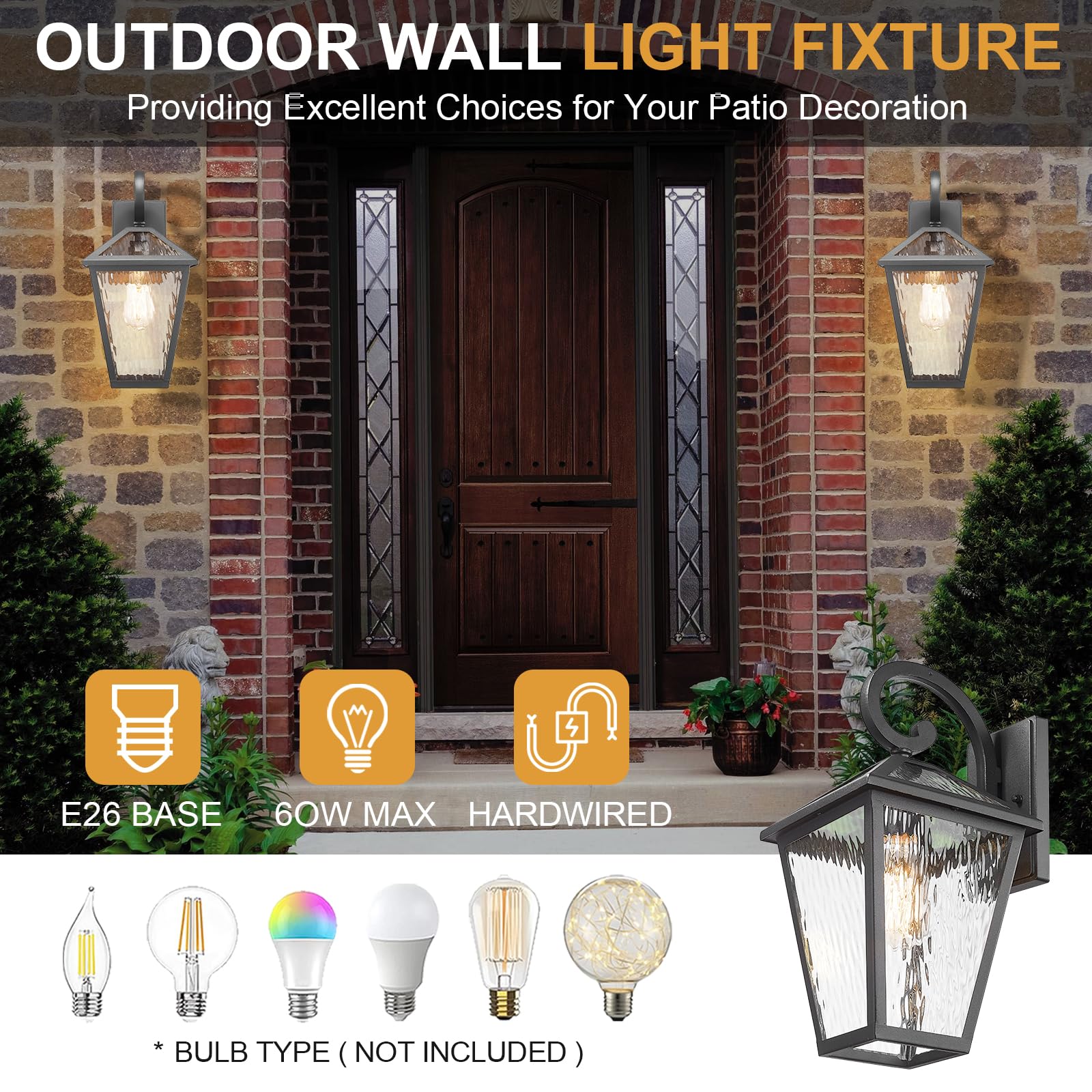 Luminzone Outdoor Wall Lantern, Waterproof Aluminum Sconce, Matte Black, Medium Size, Model 7H1B-M WH, Perfect for Porch & Patio
