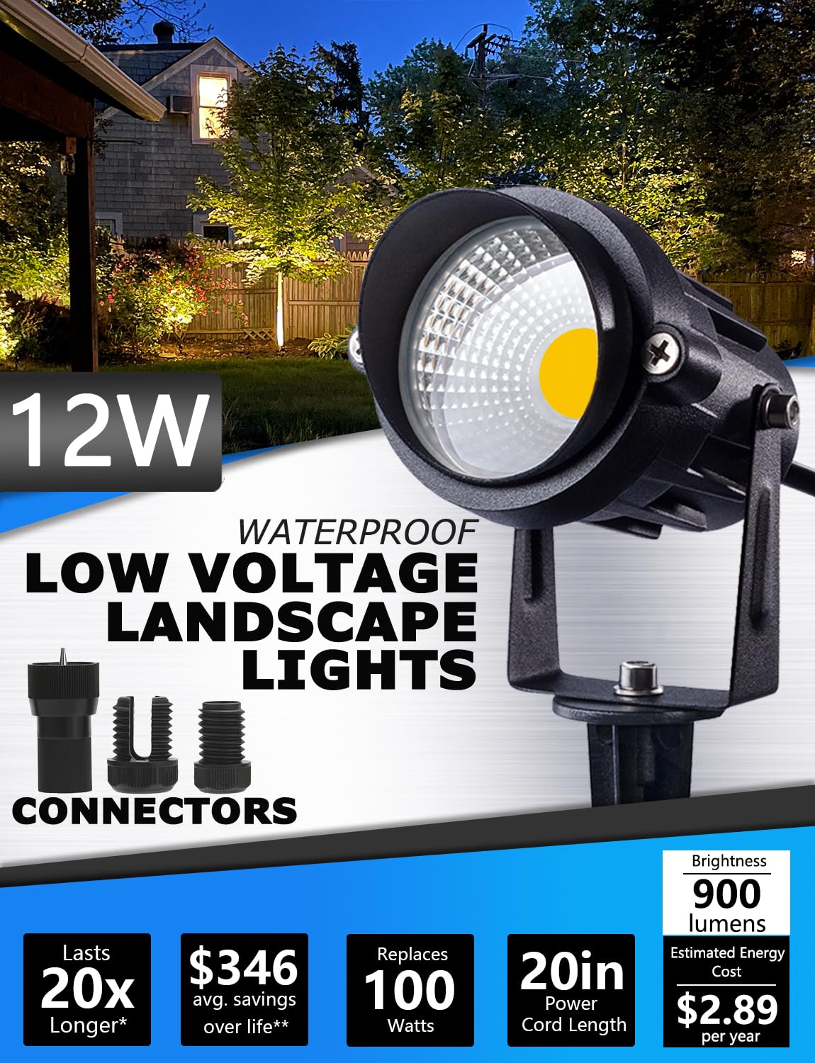 SUNVIE Low Voltage LED Landscape Lights, 12W, 900LM, Waterproof, 10 Pack with Connector, Black/Clear, Model 767087224803