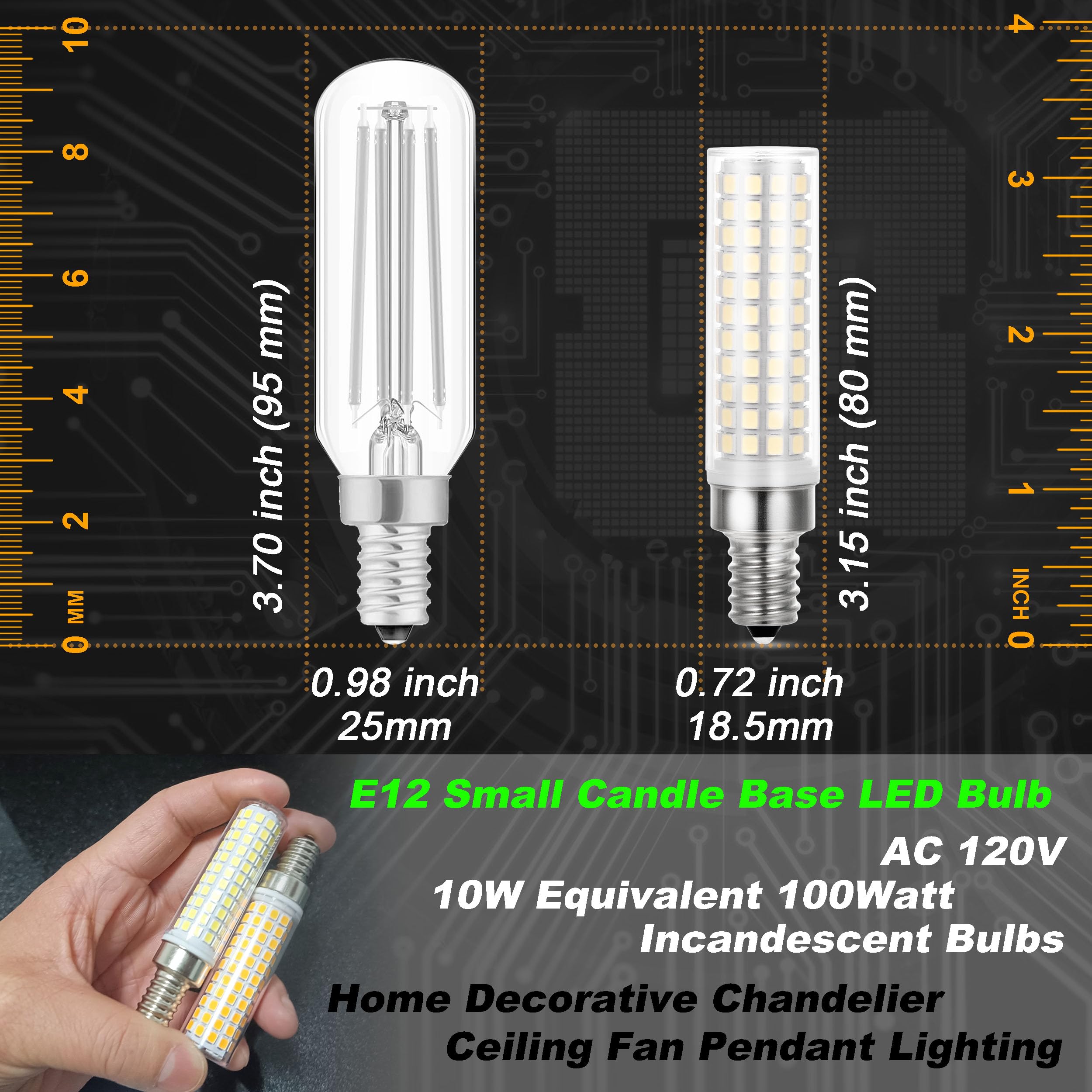 Hylroe Dimmable E12 C7 Led Candelabra Light Bulb 10W Equivalent 100W 6000K Daylight White 1000 Lumen E12 T6 Led Candle Bulbs For