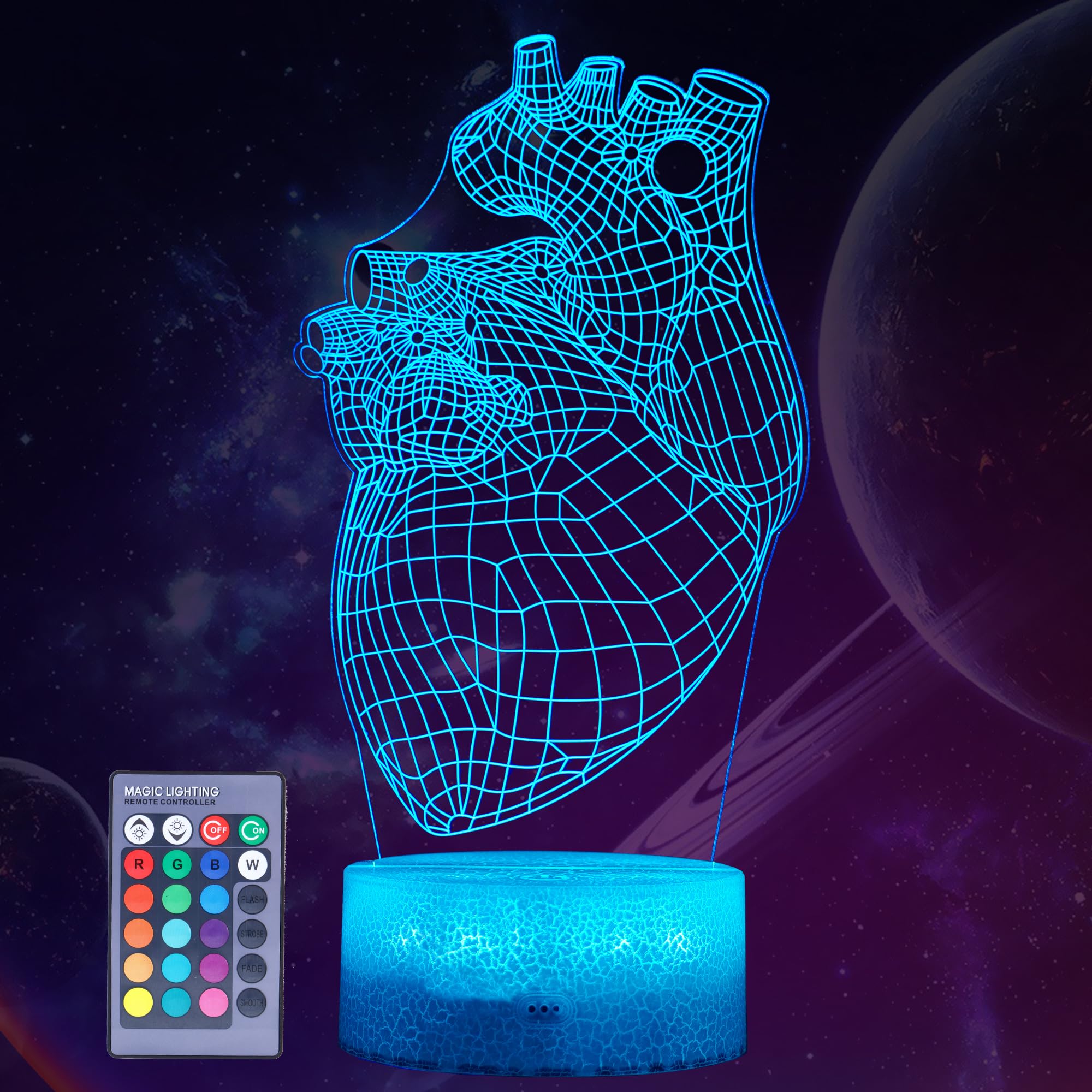 POSSHE Heart Anatomy Illusion Lamp, Cardiology Gifts, 3D Night Light, 16 Colors Changing, Remote Control, Dimmable, Kids Room De