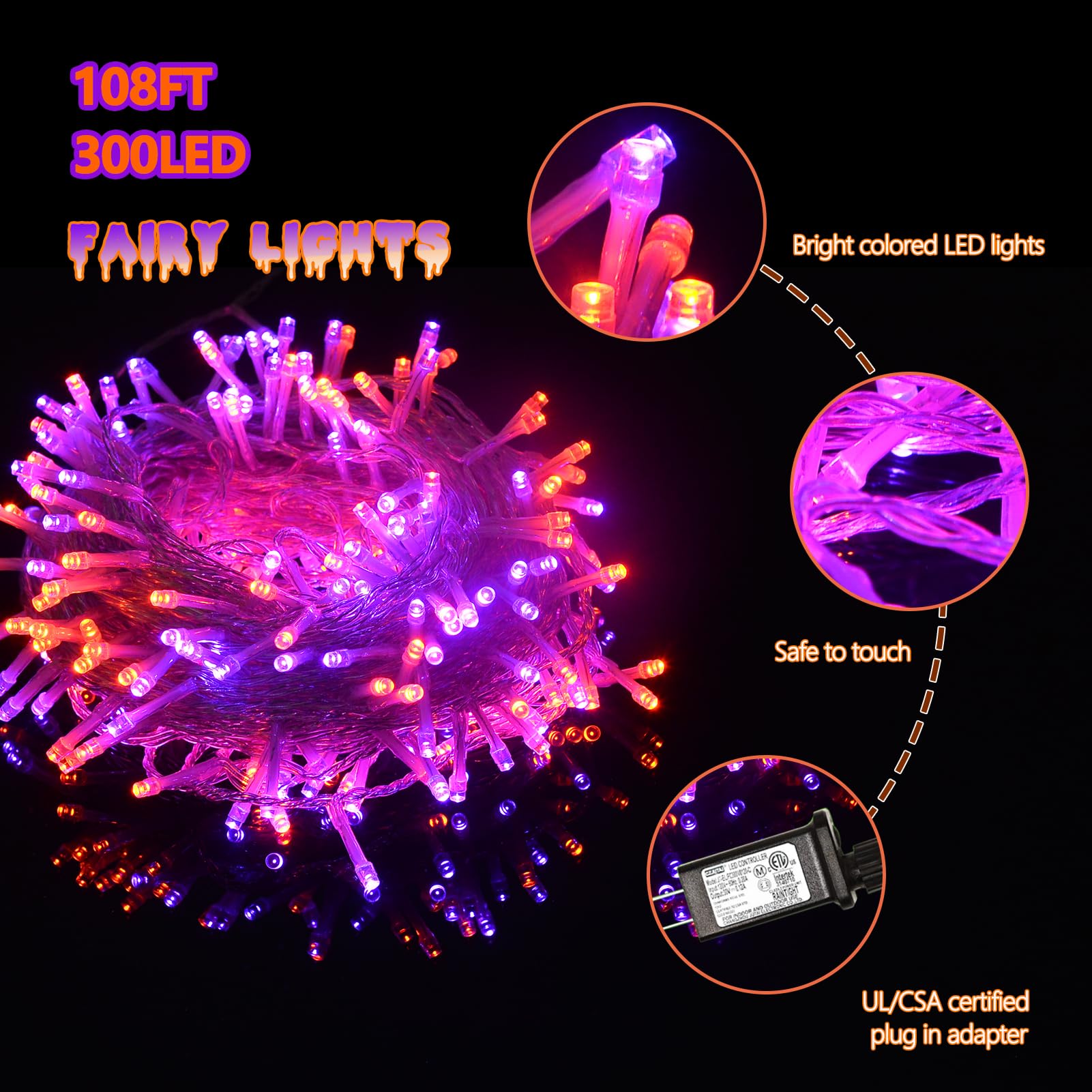Illuminew 300 Led Halloween String Lights, 108Ft, 8 Modes, Orange Purple, Indoor Outdoor Decor