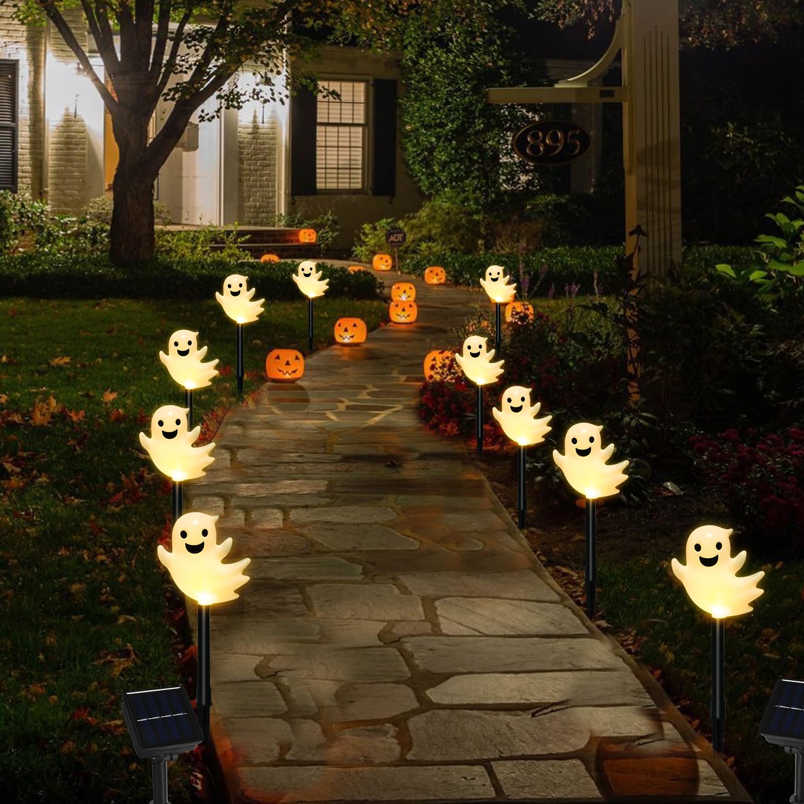 Solar Halloween Ghost Pathway Lights  10 Pack 3D Lighted Outdoor Stake Decorations  Waterproof Led Yard And Garden Lights For Halloween Pathway  Lawn  Patio  And Holiday Decor (Warm White)