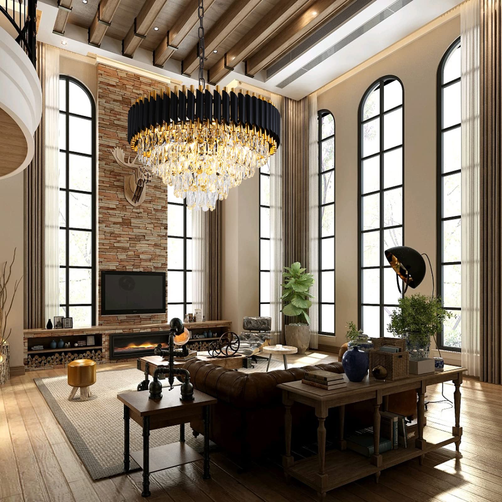 AKDXIRUN Gold Modern 5-Tier K9 Crystal Chandelier - 12 Lights, W24in, Black and Gold, Model XR00161, Ceiling Light for Dining Room, Living Room