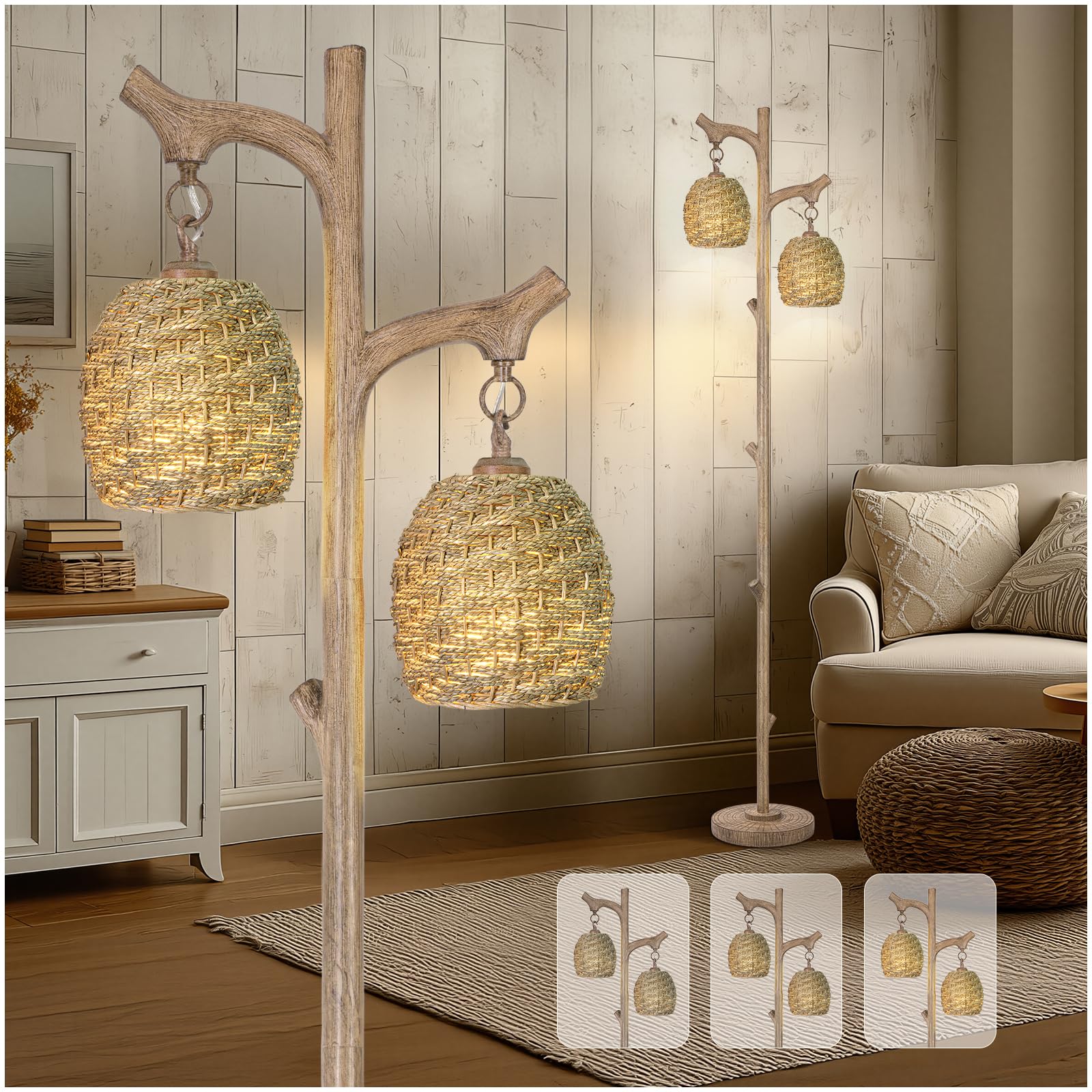 Scenekoy Vintage 68    Tall Floor Lamp With Straw Rope Woven Shade, Retro Resin Standing Lamp Tree Trunk Finish, Dimmable Corner