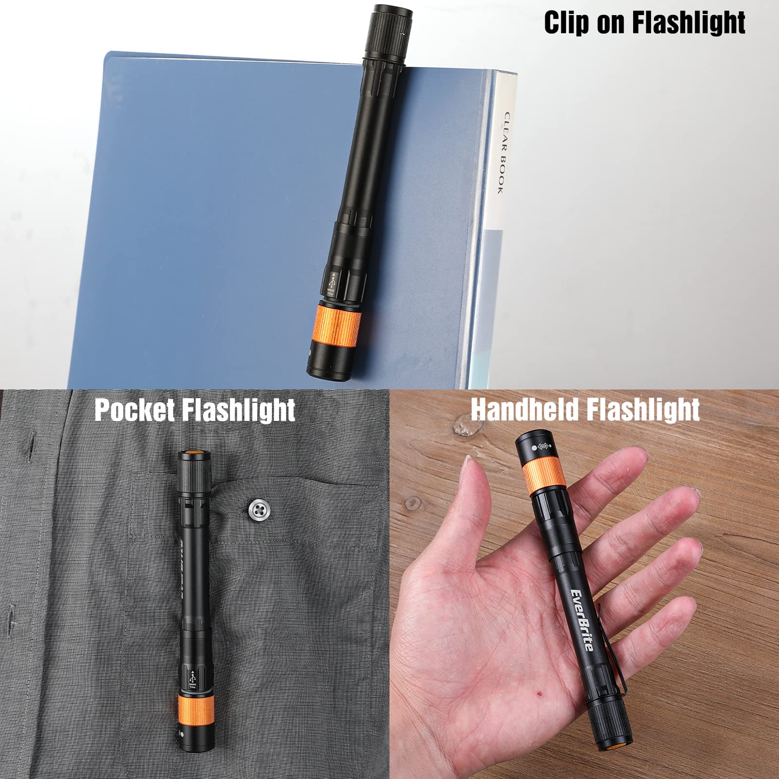 EverBrite Rechargeable Pen Light - 300 Lumens, Zoomable LED Flashlight, Black, Aluminum, USB C Cable Included, Perfect for Camping & Emergencies