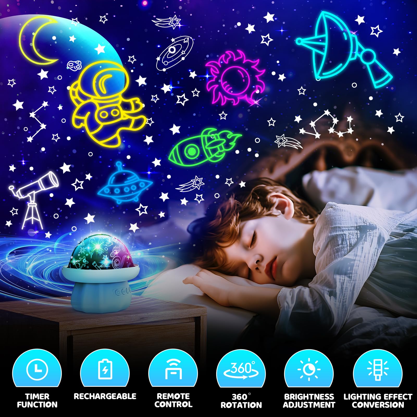 Devrnez Dinosaur Night Light Projector For Kids, Blue Star Universe Lamp With Remote, Ages 3-12