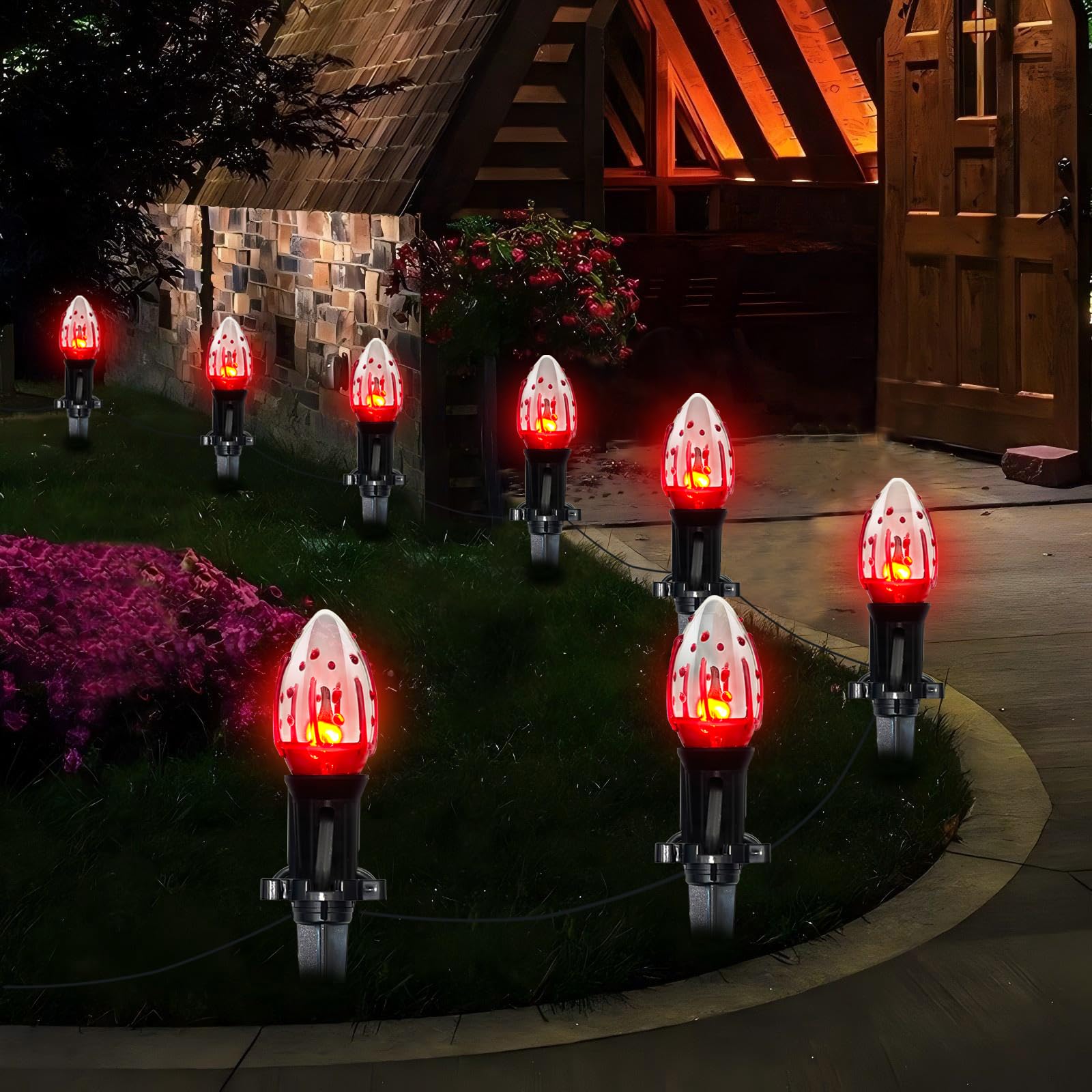 C9 Halloween Pathway Lights Outdoor, 38Ft Halloween Blood Teardrop Pathway String Lights with 25 C9 Flicker Flame Lights, Hallow