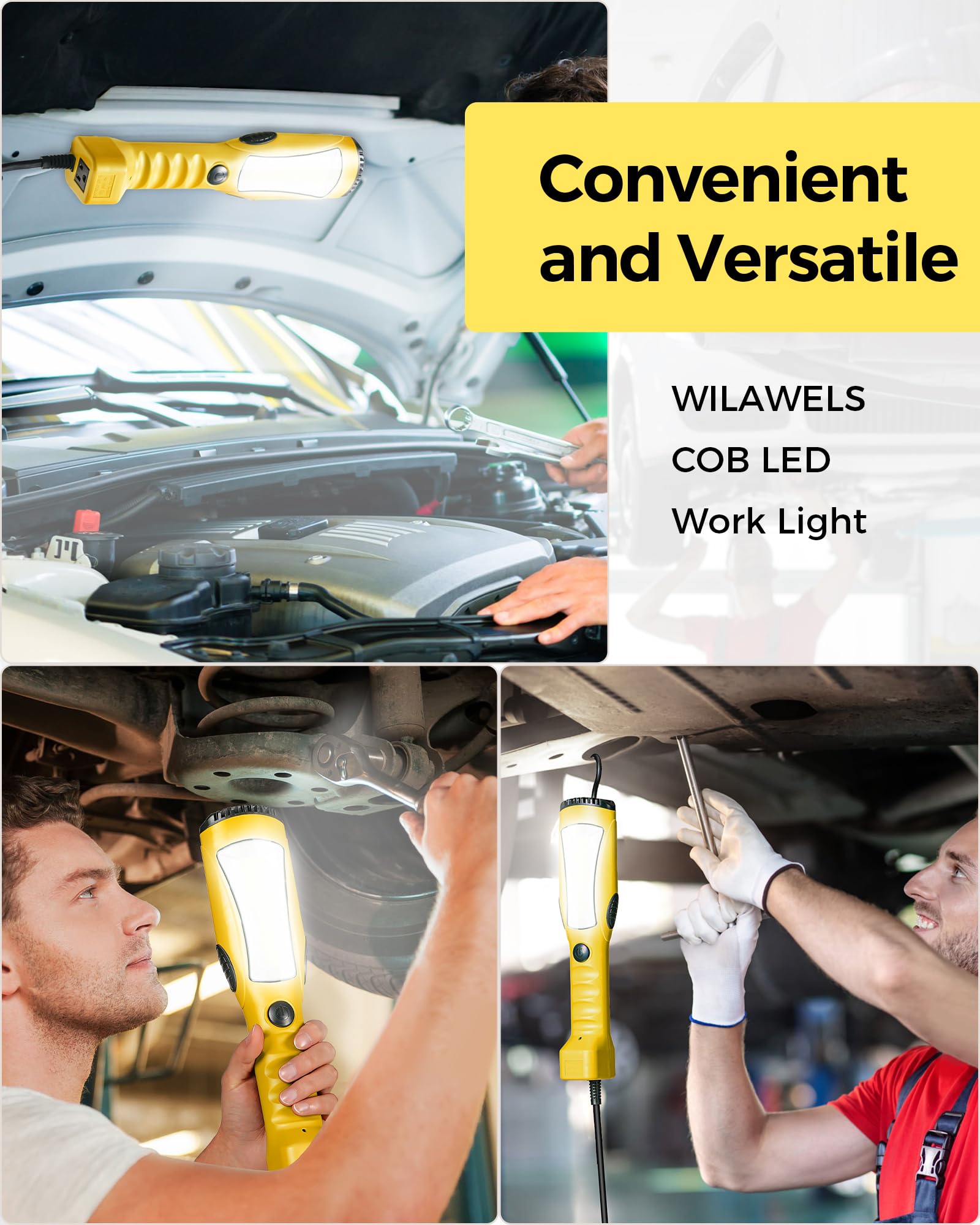 Wilawels 18W Led Work Light, 25Ft 2000Lm Cob Led Light, Handheld Underhood Trouble Light With Cord 16 Gauge Sjtw, Swivel Hook, For Garage, Workshop, Car Repair Scene, Etl Listed, Yellow Y04Wl06