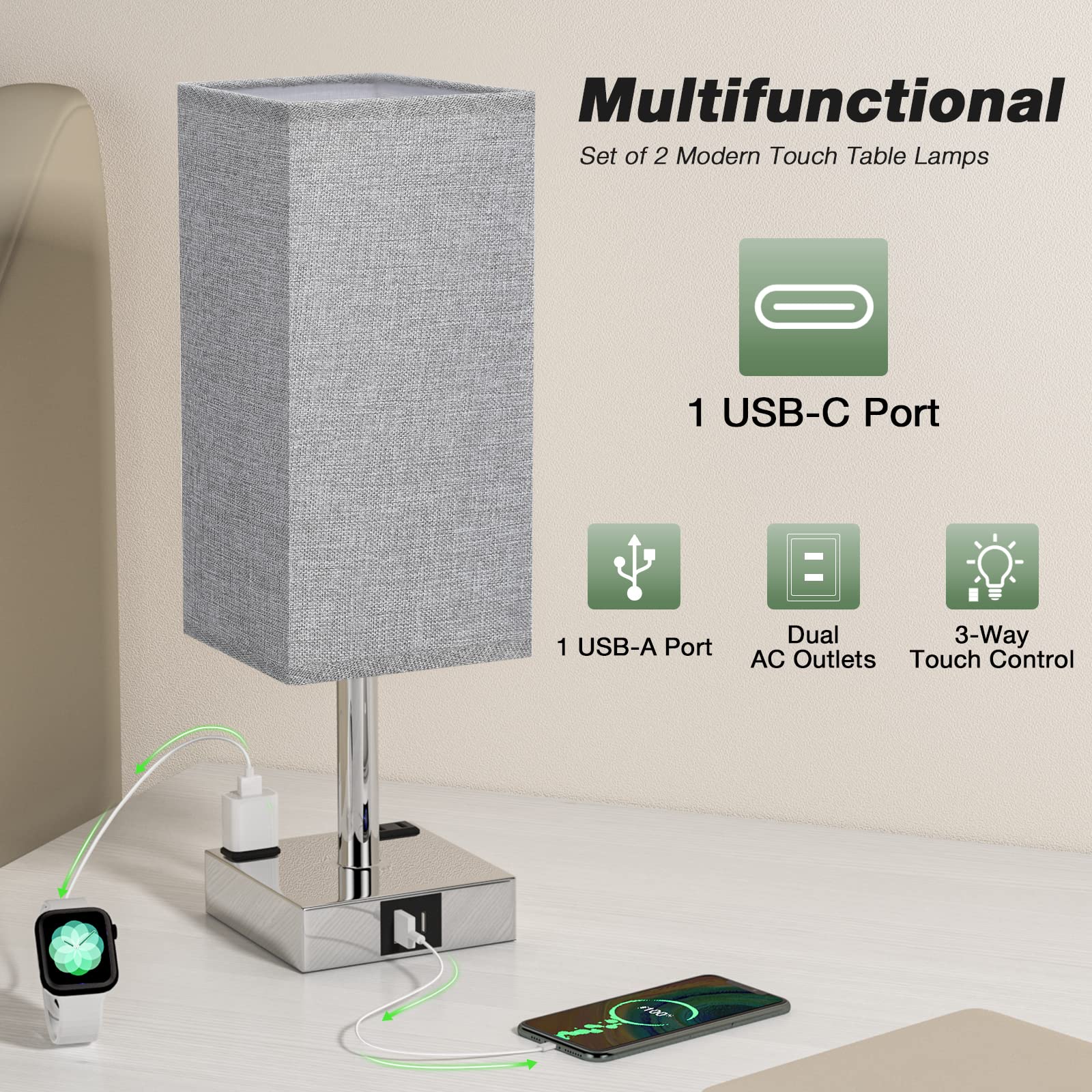 Aooshine Gray Set Of 2 Touch Lamp With Usb Port-Nightstand Lamp With Usb-C+A Charge Ports& Ac Outlets, 3-Way Dimmable Bedside La