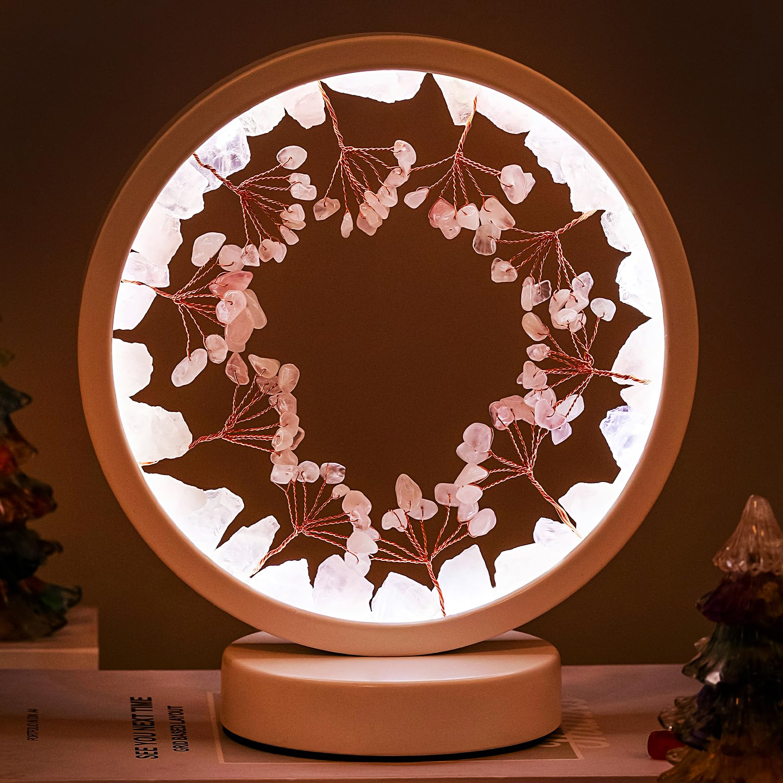 Runyangshi Crystal Night Lamp Natural Rose Quartz Crystals Small Tree Bedside Ambient Lamp USB Port 3 Colours Adjustable Lamp Su