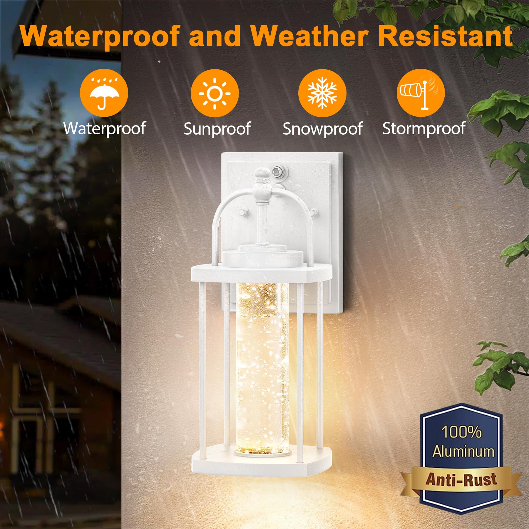 Apoto 1 Pack Dusk To Dawn Exterior Lighting Fixtures, 10W Led Modern Outdoor Wall Lights Sconce With Crystal Bubble Glass, White