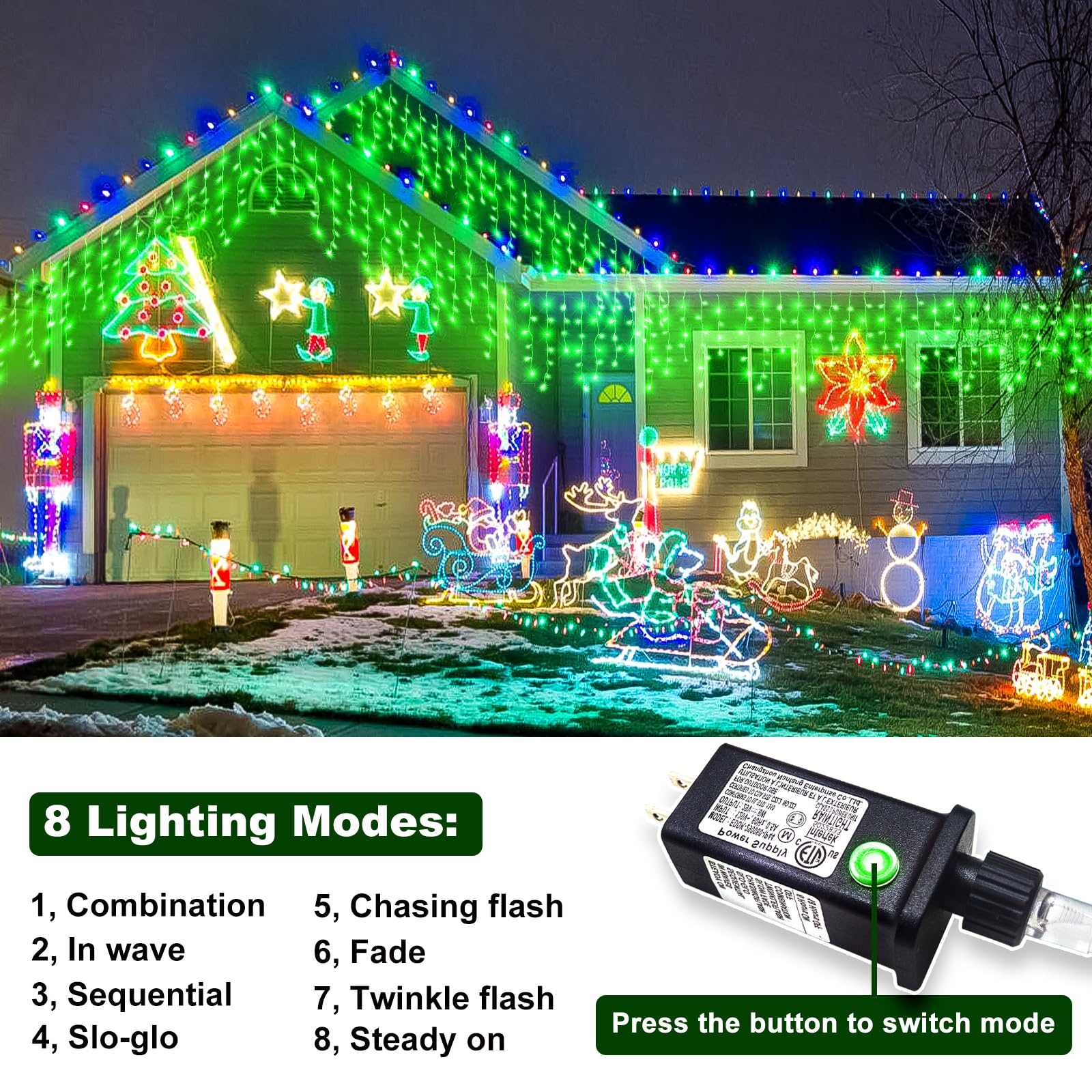 33Ft Green Christmas Lights Outdoor, 400 Led Icicle Lights For Outside, Plug In Twinkle Lights Indoor With 8 Modes Timer Connect