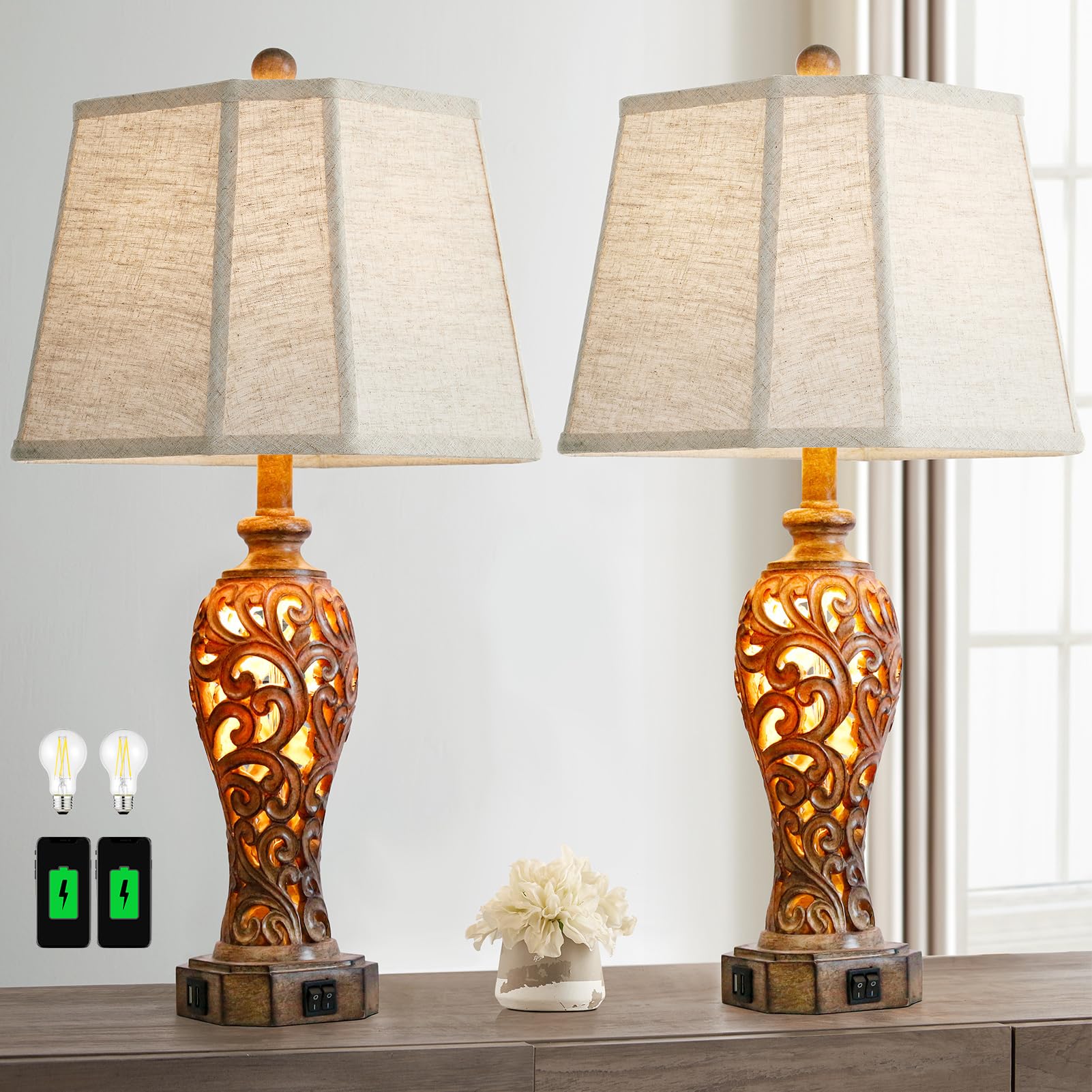 Set of 2 Rustic Table Lamps for Living Room Bedroom, 2 USB Ports 25'' Vintage Farmhouse Desk Lamp with Nightlight, Brown Hollow 