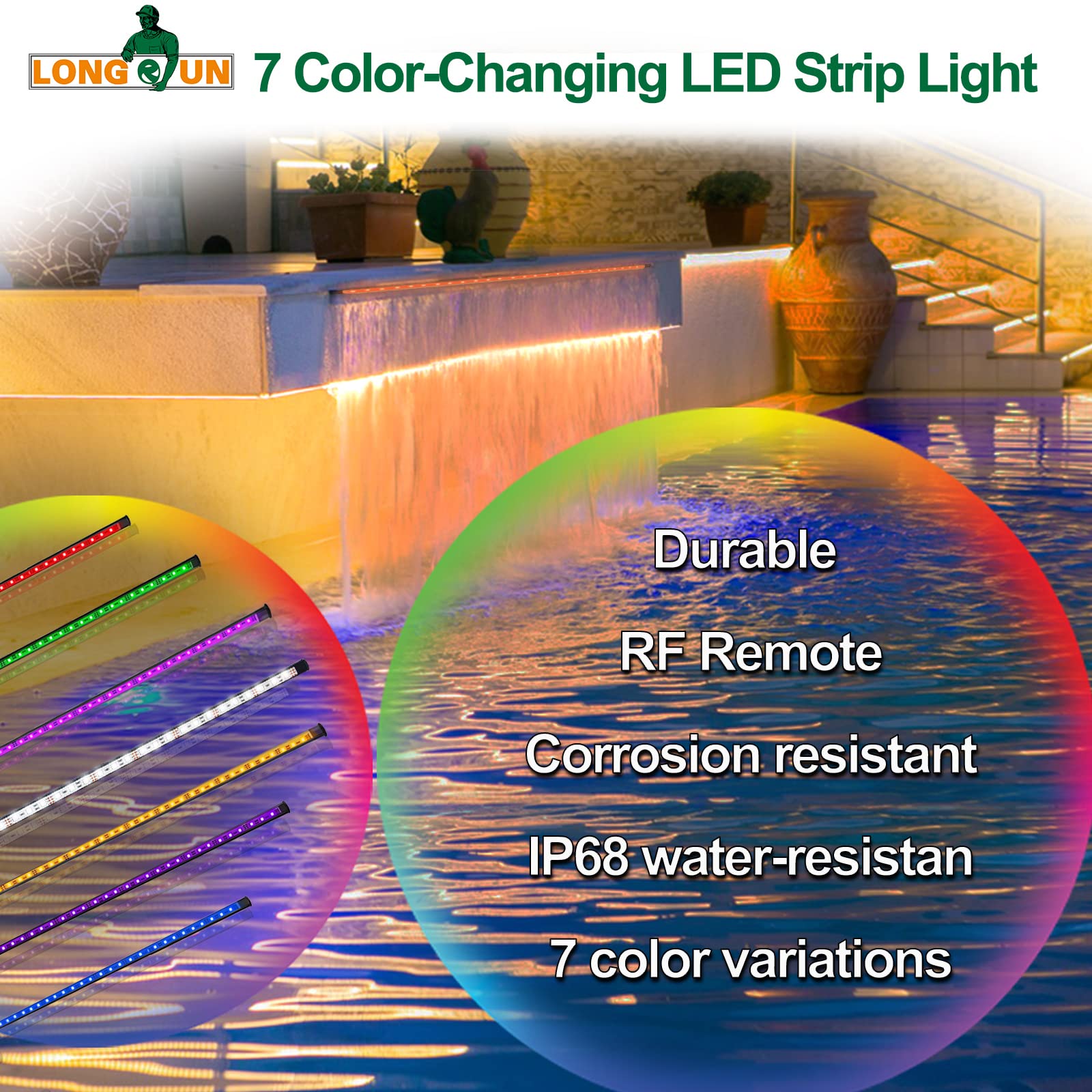 Longrun LED Color Changing Strip Lights 34.85" Waterproof APP Control for Garden, Pond, Pool, Fountain, and Aquarium - Multiple Colors