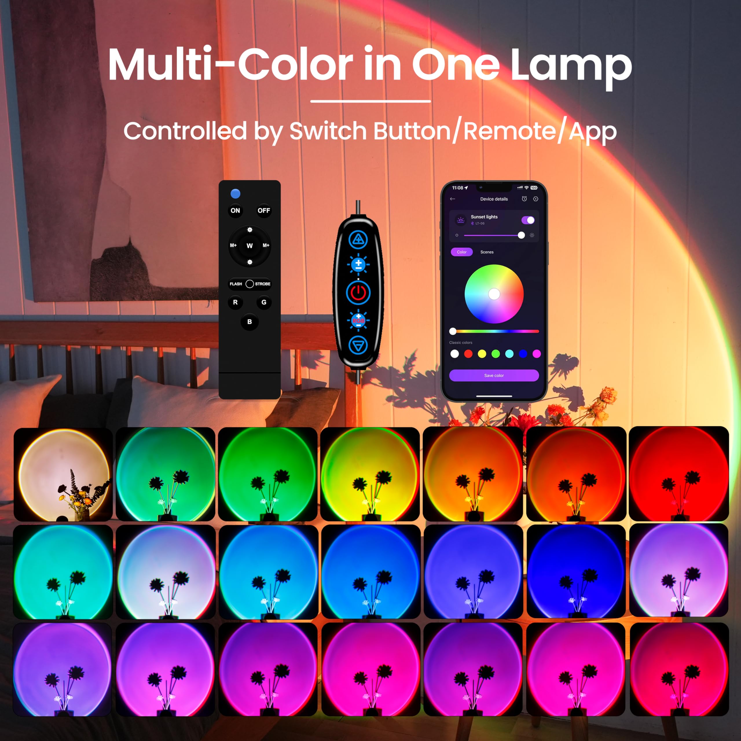 Xebkor Sunset Projection Lamp With Remote/App Control,Multi-Color Led Sunset Light Night Light,360 Degree Rotation Sunset Lamp For Photography/Party/Room Decor,Gifts For Christmas,Thanksgiving Day