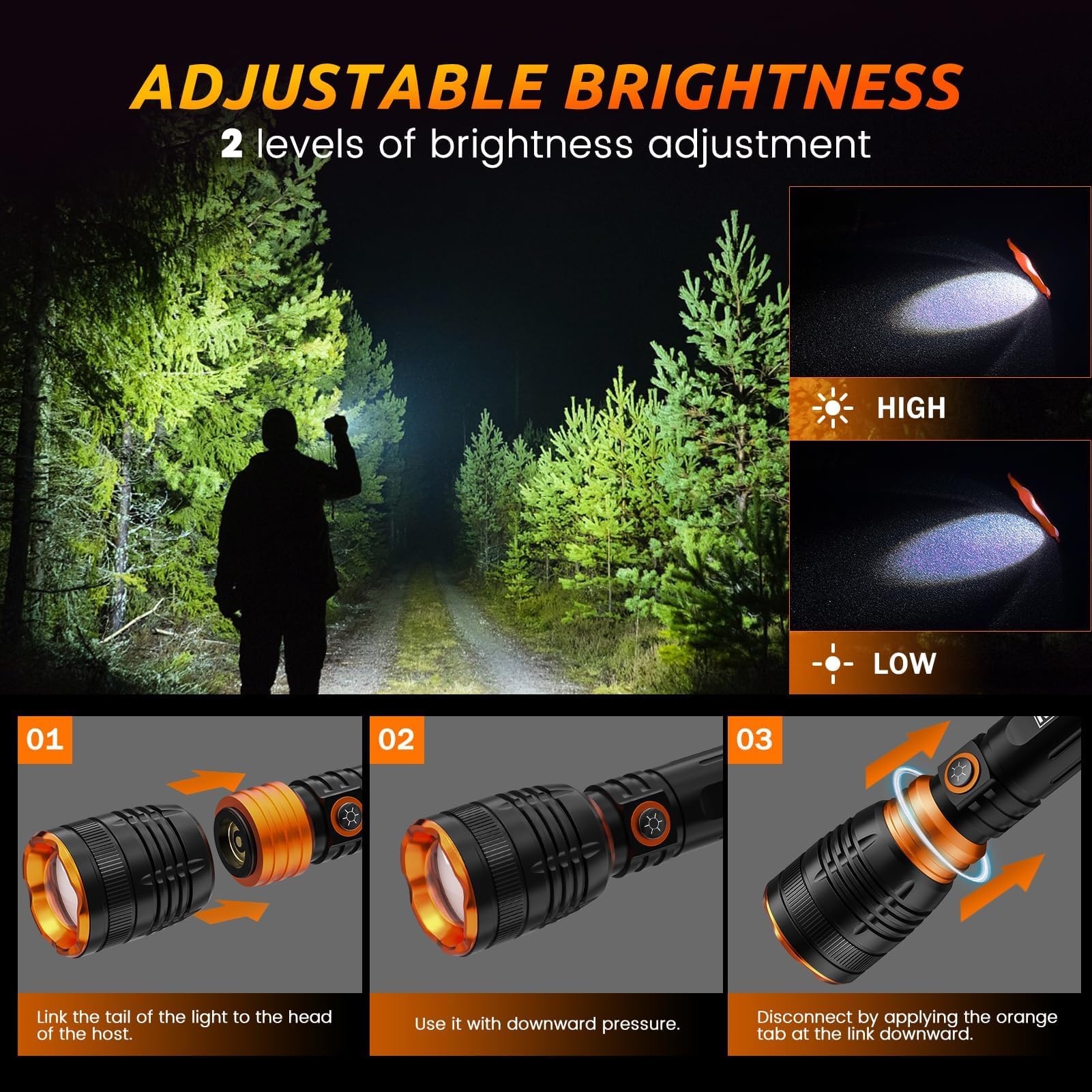 KOOPOOL 3-in-1 Rechargeable Flashlight, 650,000 Lumens, Magnetic Base, Hands-Free, Orange