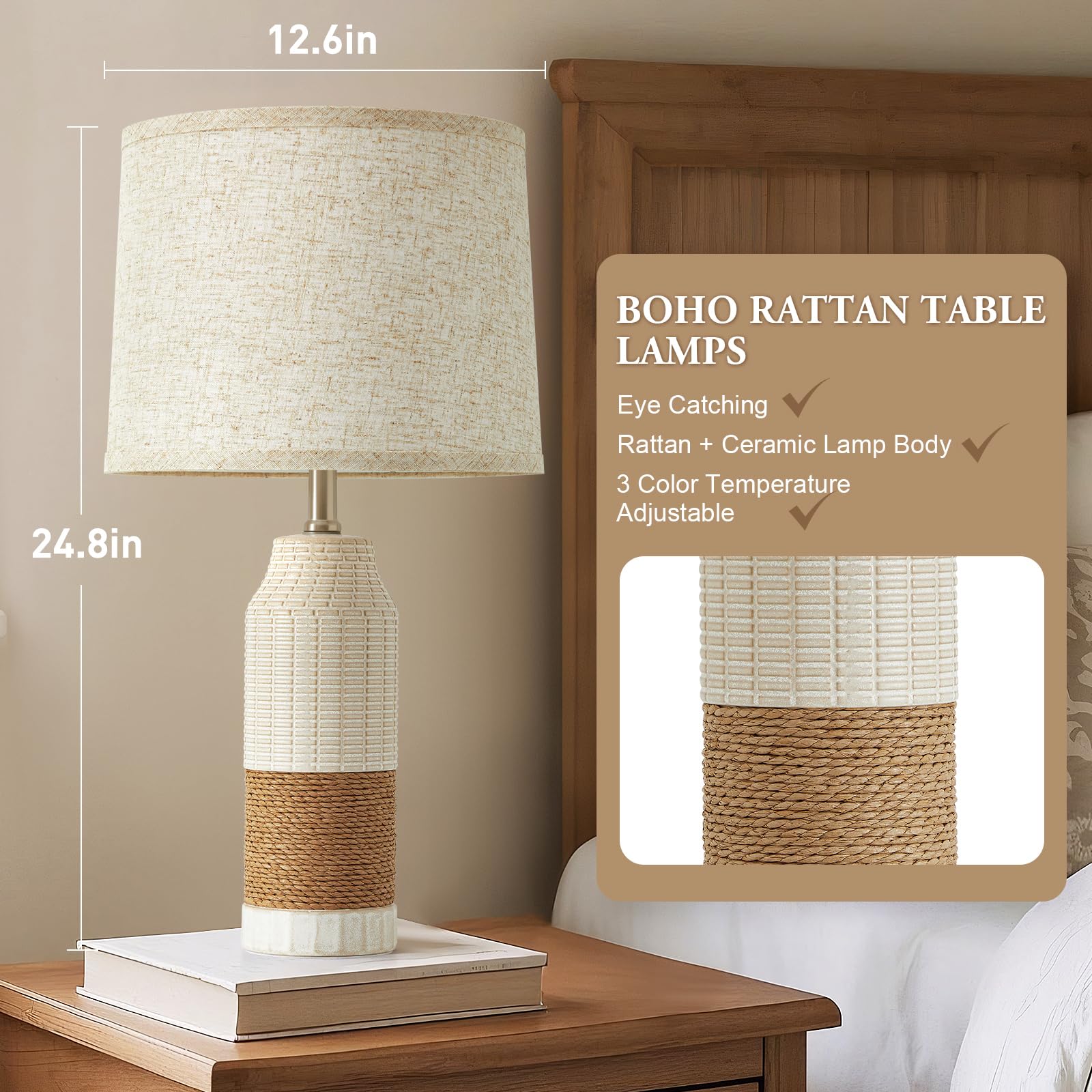 Gyrovu Boho Table Lamps Set Of 2, Rattan Bedside Lamps With 3 Color Temperatures - Vintage Farmhouse Nightstand Lamps For Bedroo