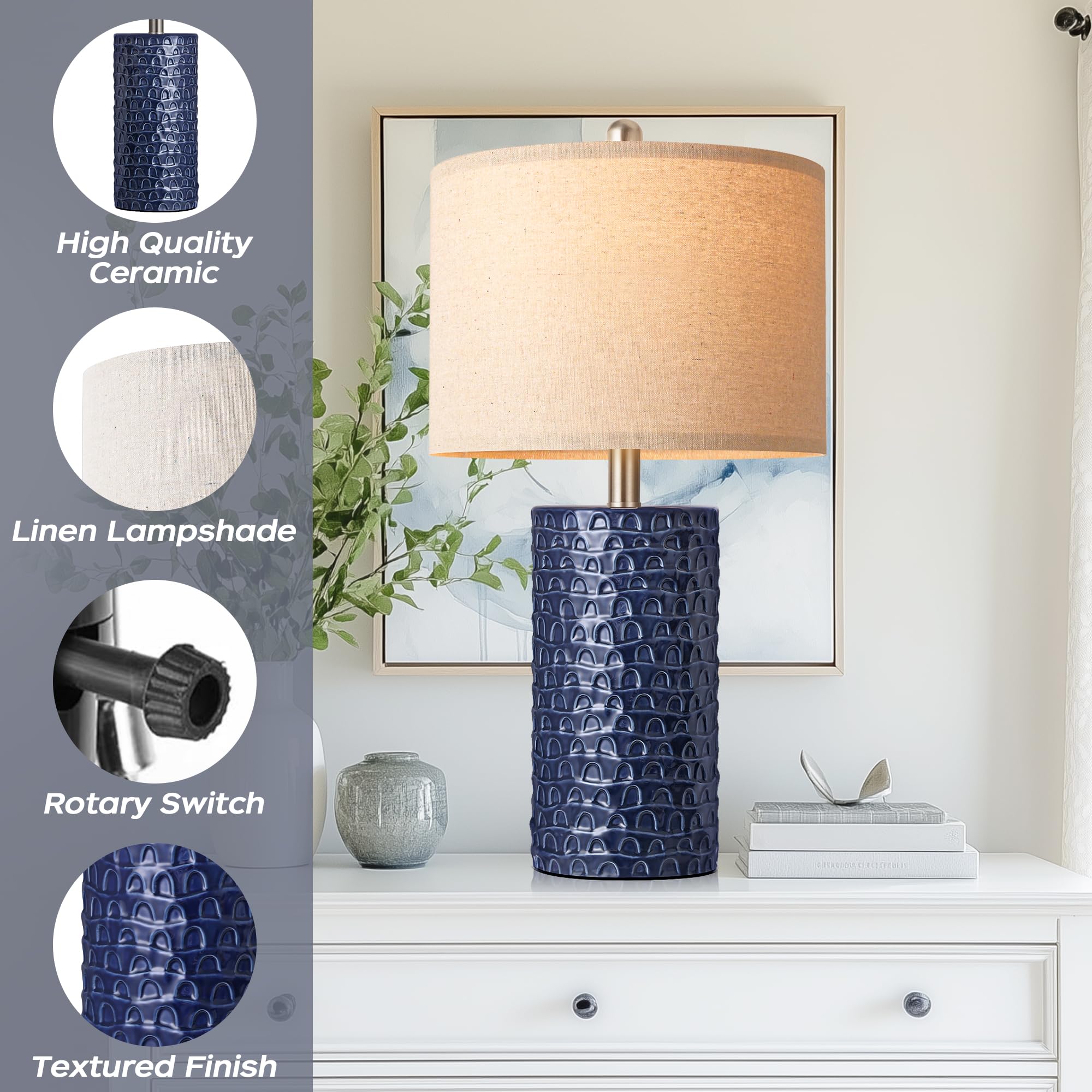 PARTPHONER Ceramic Table Lamp Set of 2, 23" Rustic Farmhouse Design, Navy Blue for Living Room & Bedroom Decor